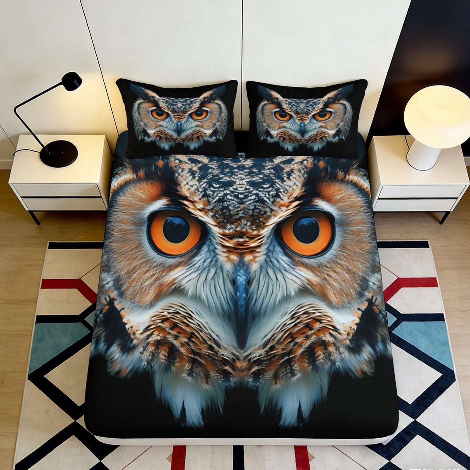 3D Printed owl design Fitted Sheet with soft touch Microfiber, stylish room accent, home decor, guest room bedding, wrinkle resistant, easy care 90x200x25cm