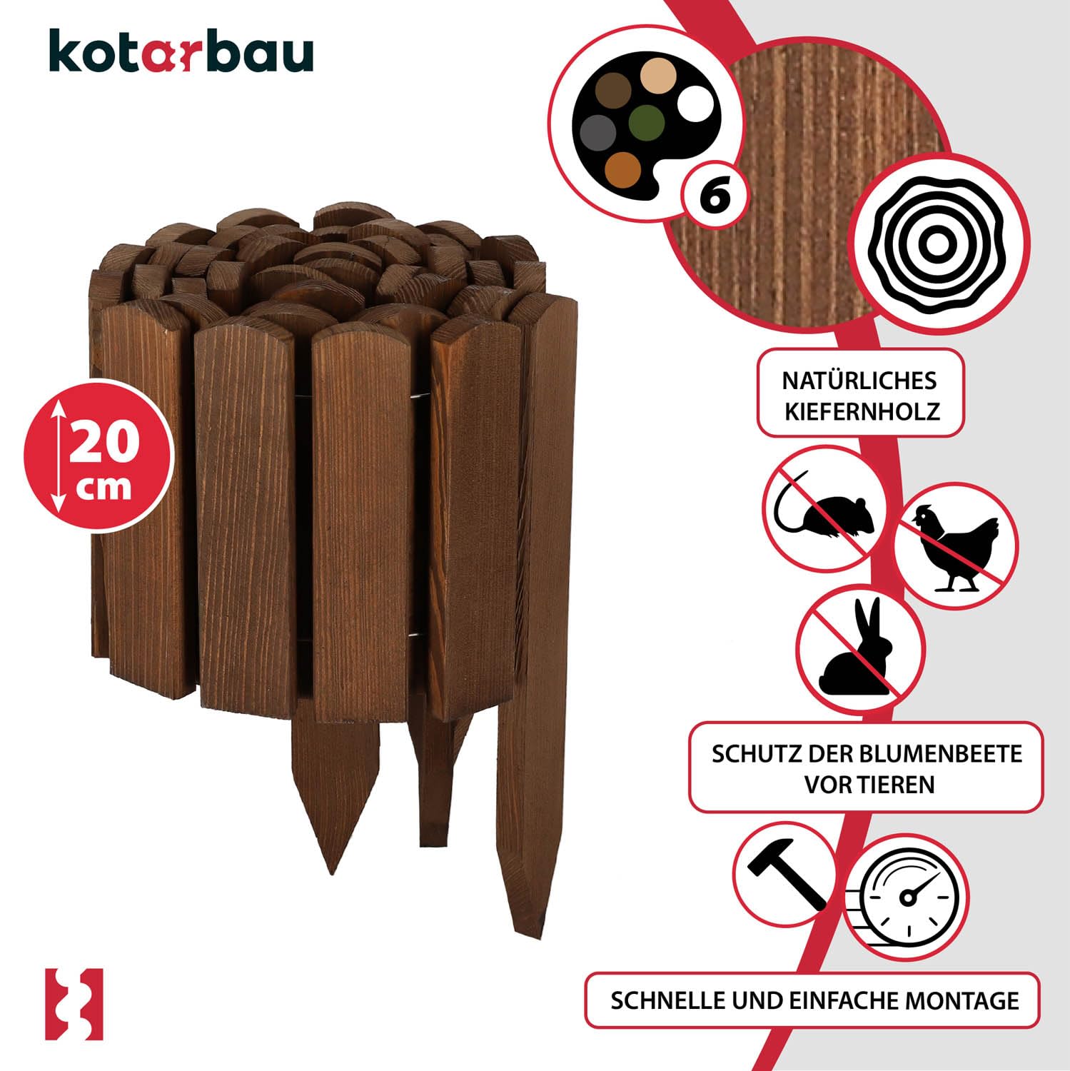KOTARBAU® Bordura Madera - Valla Baja para Jardin - 200 x 20 cm - Bordura de Jardín - Marrón - Vallas de Madera