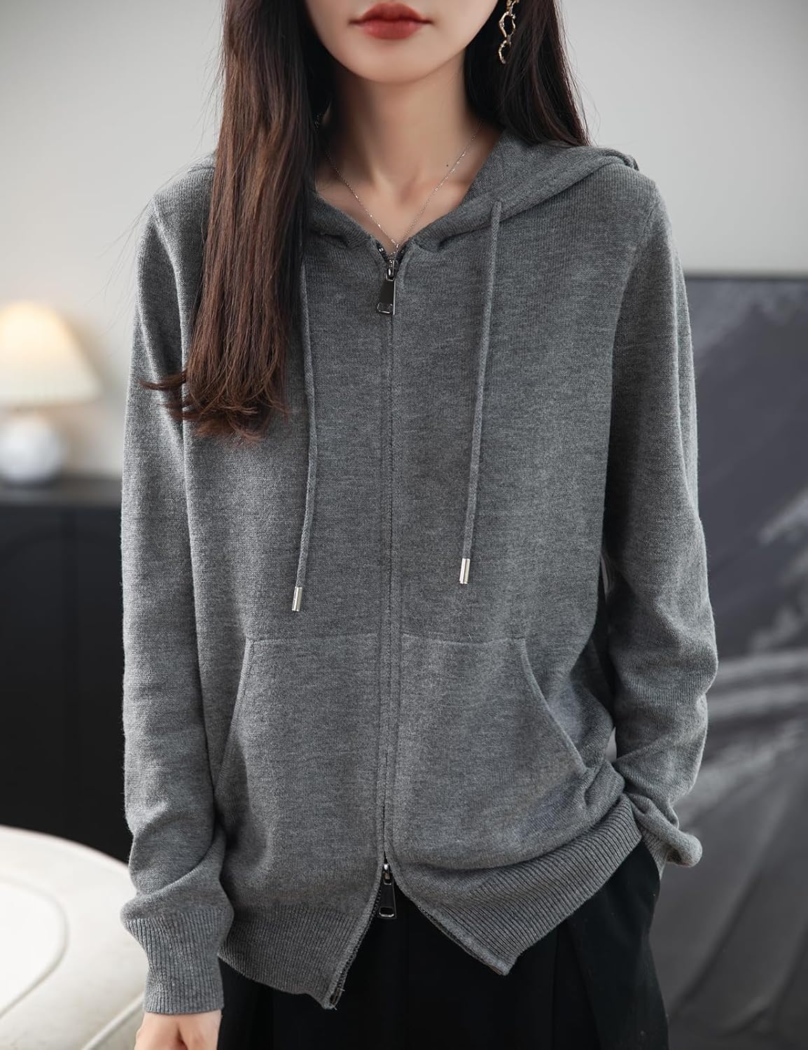 Women's Merino Wool Blend Cardigan 2025 Fall Winter Zipper Sweatshirt Crew Neck Long Sleeve Knit Hooded Cardigan - Image 4