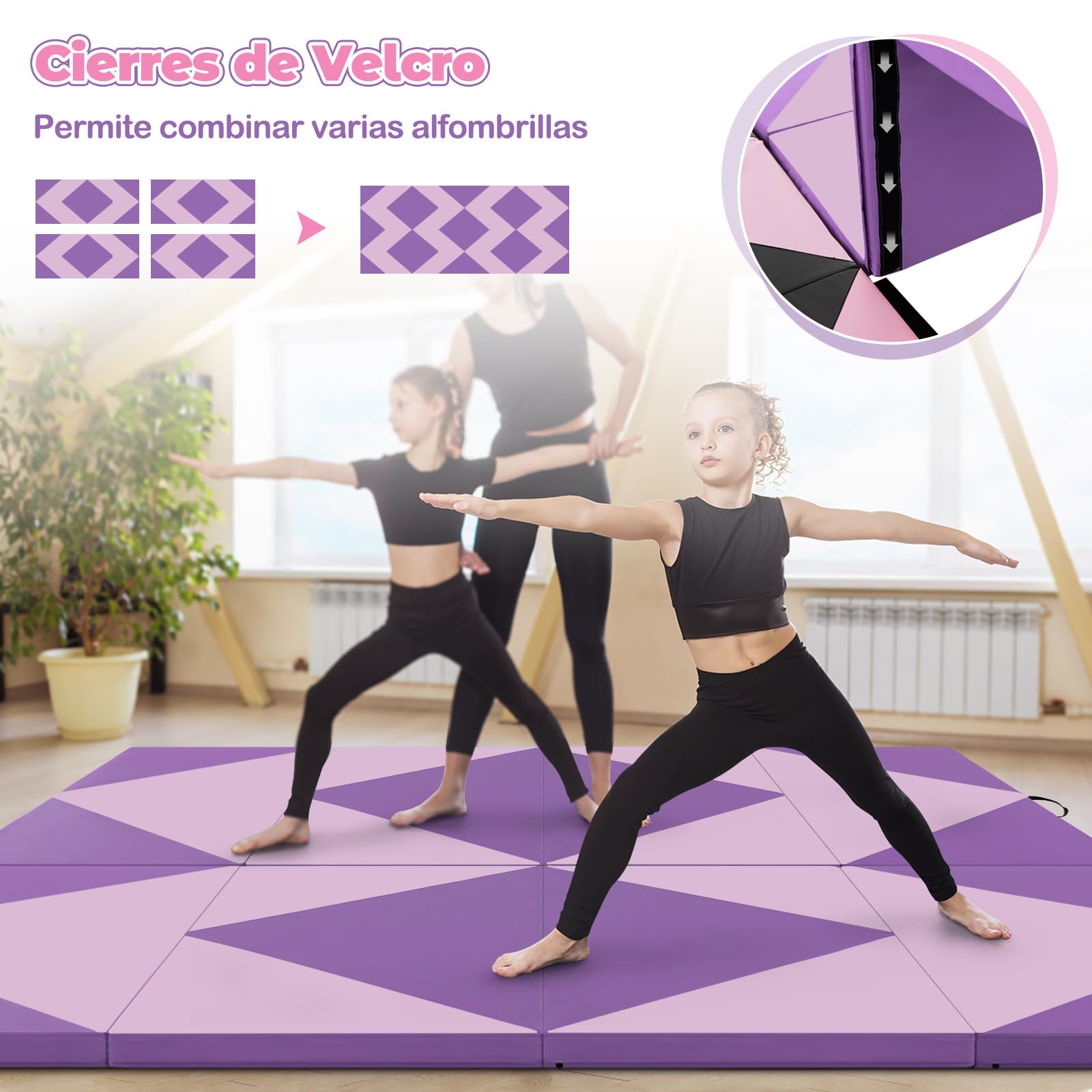 GOPLUS Colchoneta de Gimnasia Plegable, 240x117x5cm, Esterilla de Entrenamiento de Cuero Artificial con Asas de Transporte, Alfombra de Suelo para Fitness Yoga (Morado + Rosa Claro)