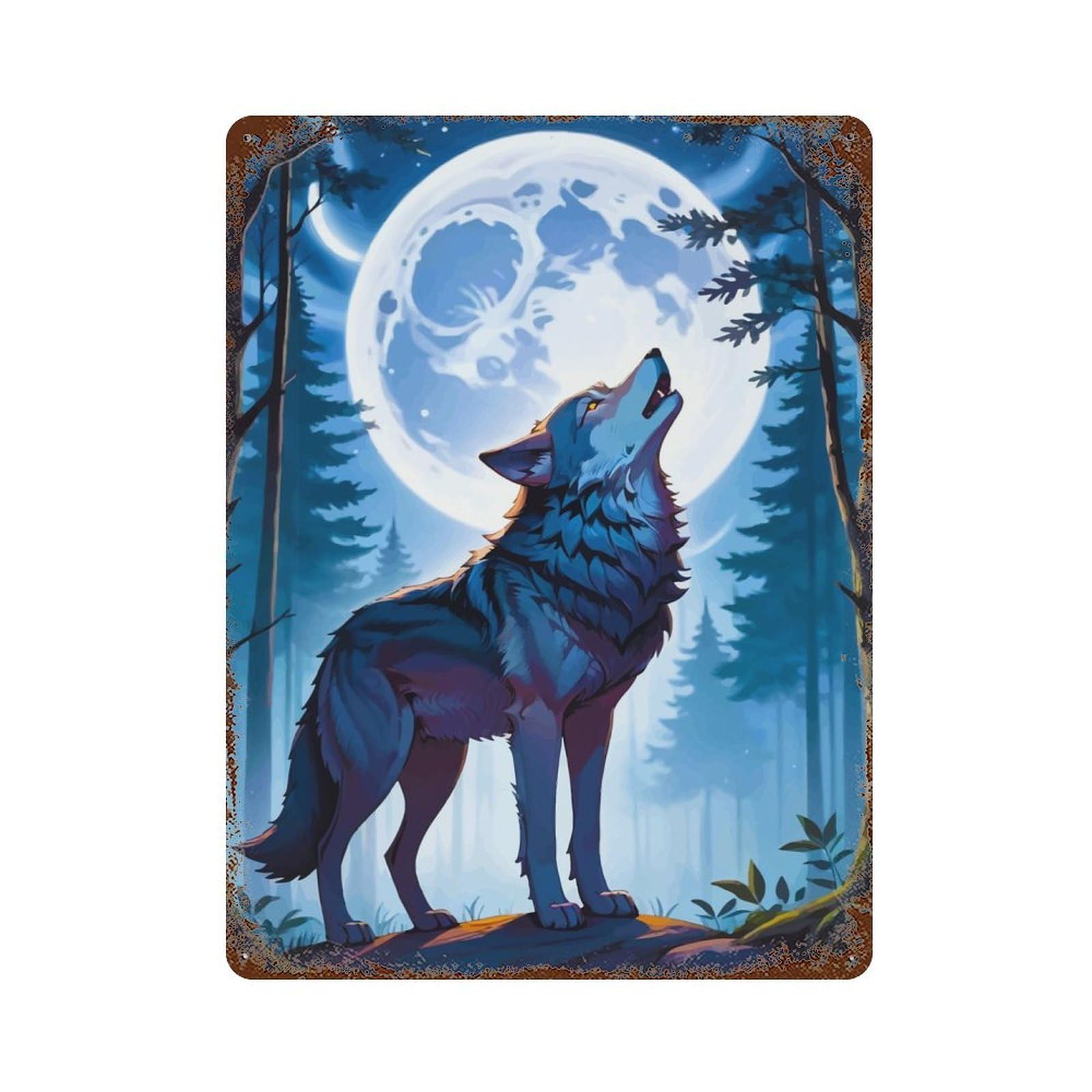 Wolf Howling at The Moon Rustic Tin Plaque 15.7"x11.8", Ideal for Shed, Workshop And Garage Wall Decor