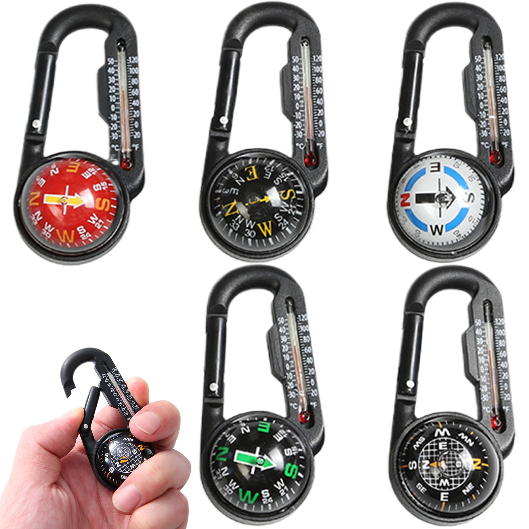 Compass Hiking Survival, 5pcs Waterproof Plastic Hiking Compass with Carabiner & Thermometer Clip, Pocket Compass Keychain for Outdoor Survival Camping