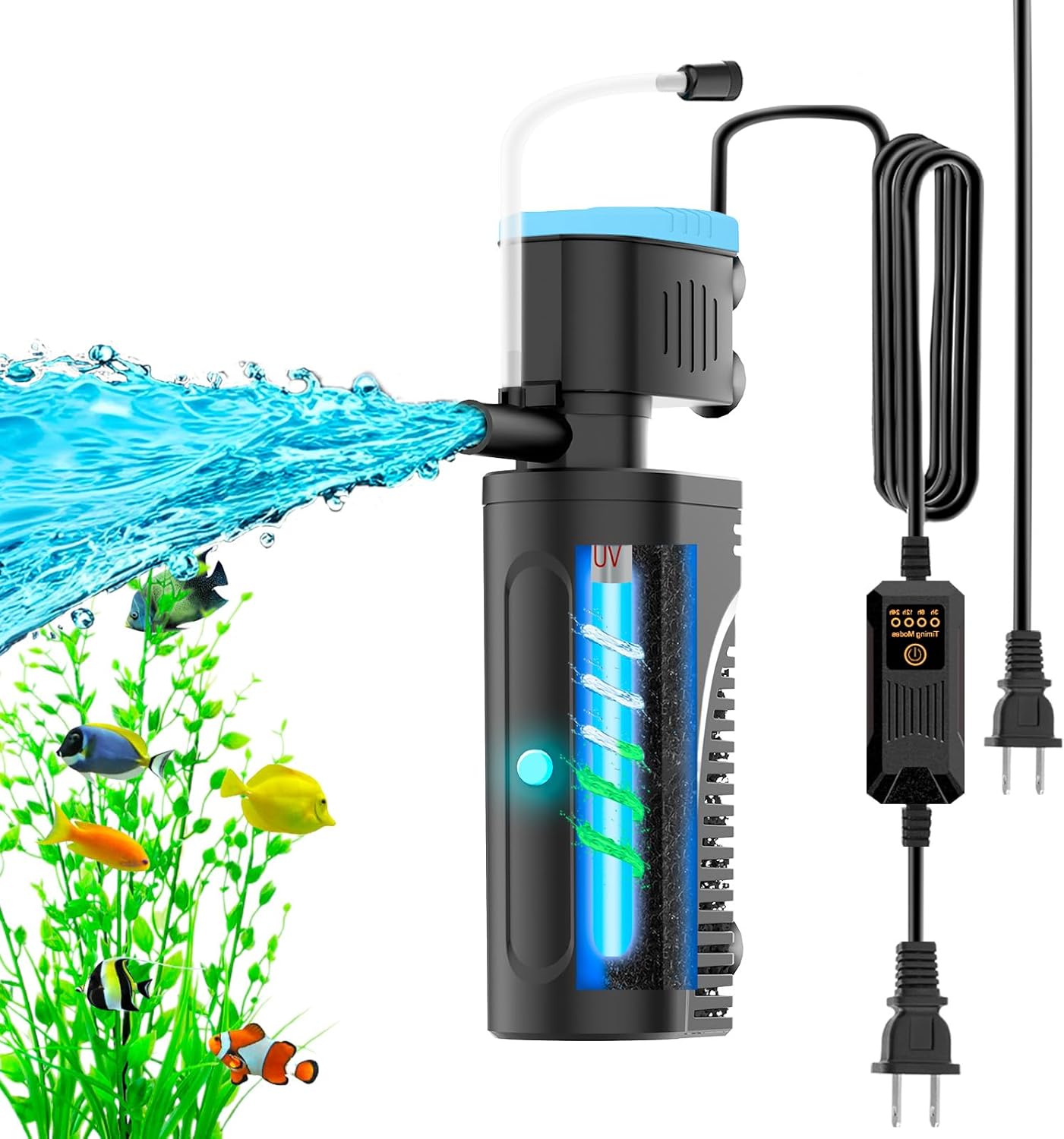 Aquarium Filter | U-V Fish Tank Filter for Green Water Cleaning | U-V Clarifier with Timer | Aeration & Rainfall Mode | Turtle Tank Filter | Submersible Pump with Filter | for 10-30 Gallons