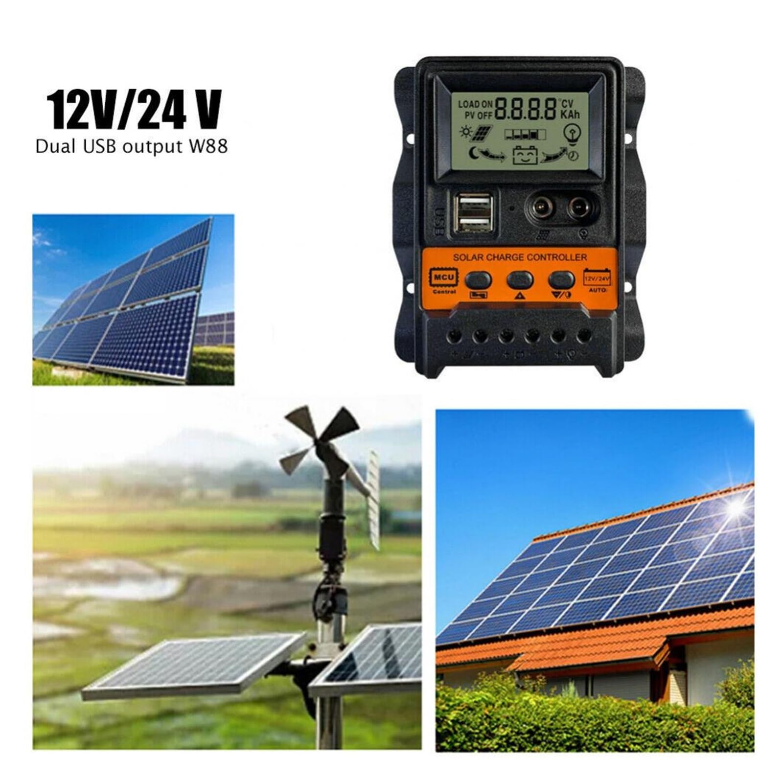 PWM Regulator Ładowania Słonecznego Podwójny Wyświetlacz Prądu Stałego Kontroler Panelu 12 V/24 V Baterii Z Portem USB(30A)