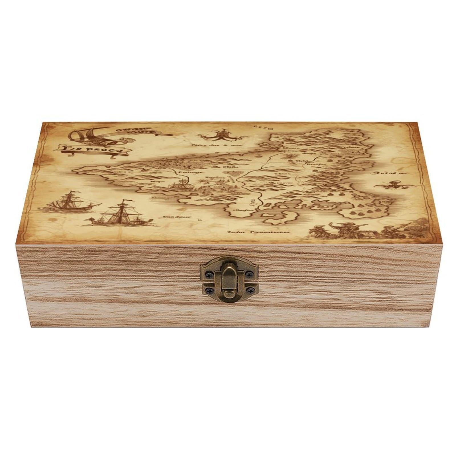 JTREHY Treasure Map Vintage Wooden Keepsake Box Vintage-Style Wood Keepsake Case with Hinged Lid Solid Wood Boxes Beautifully Memory Treasure Case Vintage-Style Wooden Storage Box