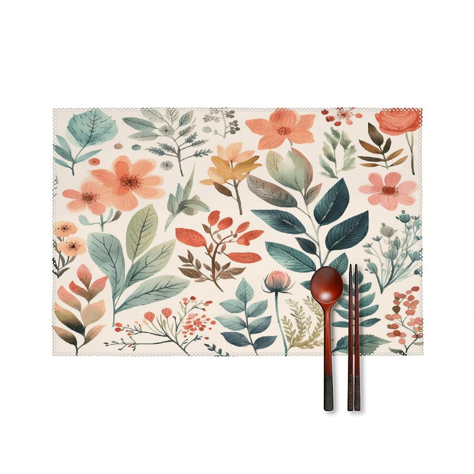 Watercolor Flowers Placemats Set of 6 Non-Slip Stain Resistant Indoor Outdoor Table Mat Washable Cloth Place Mat Fashion Kitchen Placemat for Dining Table Decoration 17.7x11.8 in