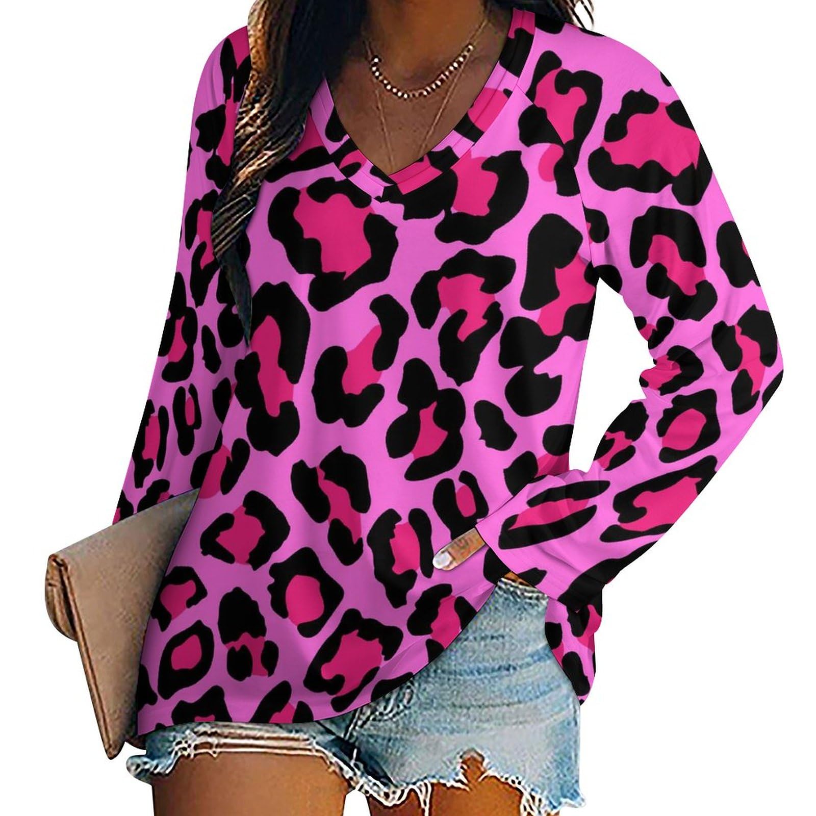 Amazon.com: Pink Leopard Print Women's V Neck Long Sleeve T-Shirt