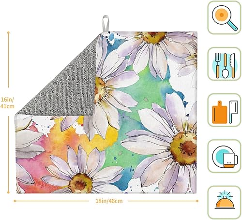 Miniatura 2 de Tapete de microfibra para secar platos de flores de primavera de margaritas blancas coloridas para encimera de cocina, plegable, absorbente,