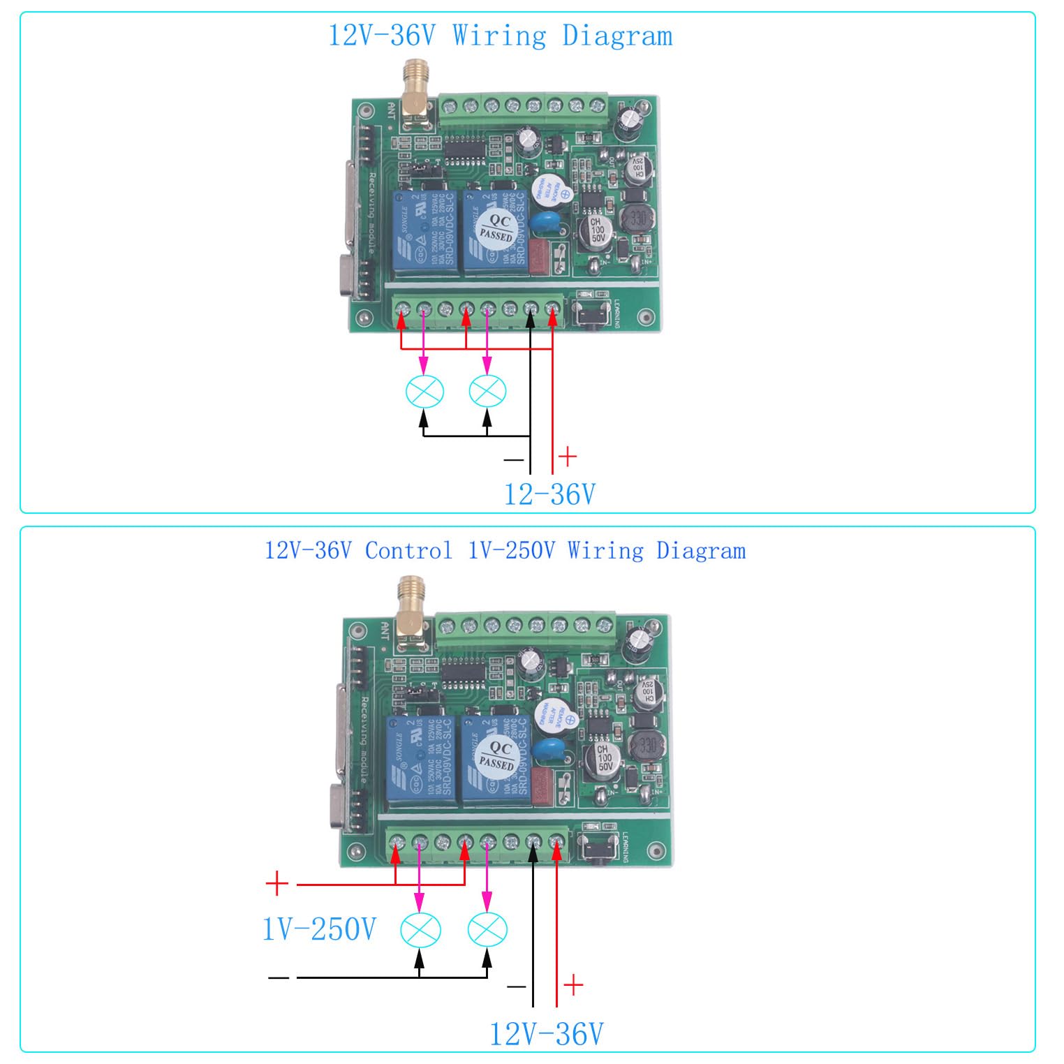 12V 24V 36V 2CH Télécommande de porte de garage universelle Interrupteur 433Mhz Moteur à large plage avant et arrière, Interrupteur sans fil à 2 canaux clavier de porte de garage (2* contrôle 433Mhz)