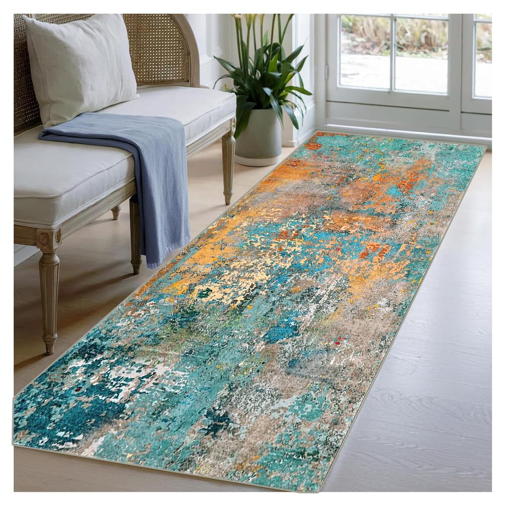 BORKOY Orange Green Abstract Carpet Runner 100x450cm Modern Non Slip Washable Hall Runners Soft Low Pile Long Rug for Hallways Kitchen Laundry Bedroom Living Room Entry Floor Mat