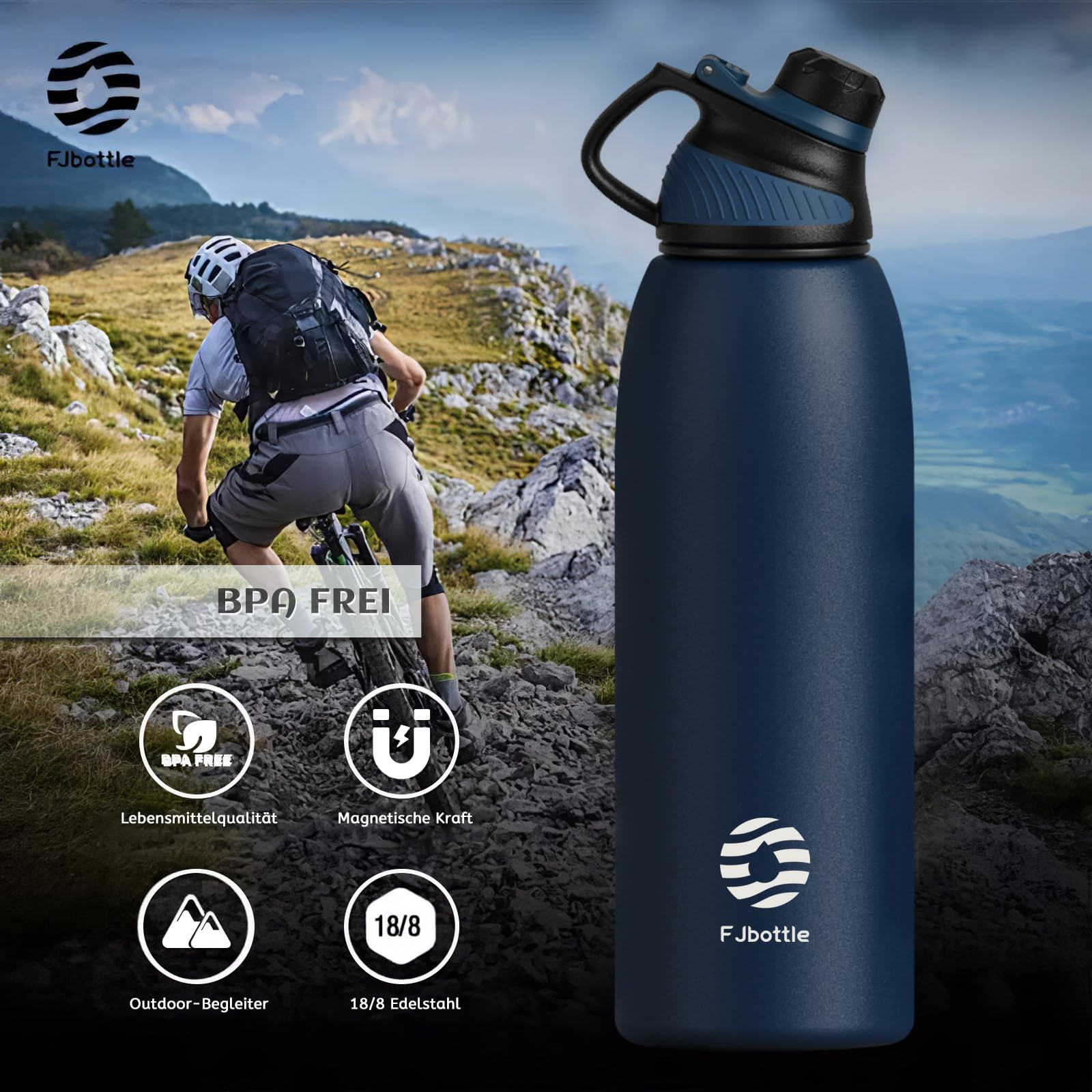 Fjbottle Gourde Isotherme avec Couvercle Magnétique - 400ml/600ml/800ml/1L/1.5L - Bouteille Isotherme Étanche sans BPA, Gourde Inox Bouche Standard, Gourde Enfant pour Sport, Gym, Voyage