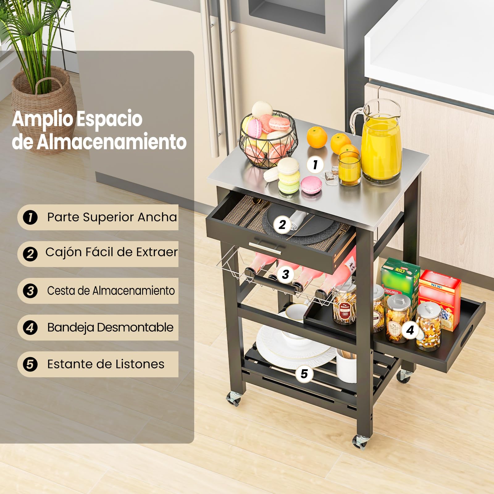 GOPLUS Isla de Cocina con Ruedas, Carrito de Almacenamiento Rodante con Encimera de Acero Inoxidable, Cesta de Alambre Metálico Deslizable, Bandeja para Servir, para Cocina y Comedor (Negro)