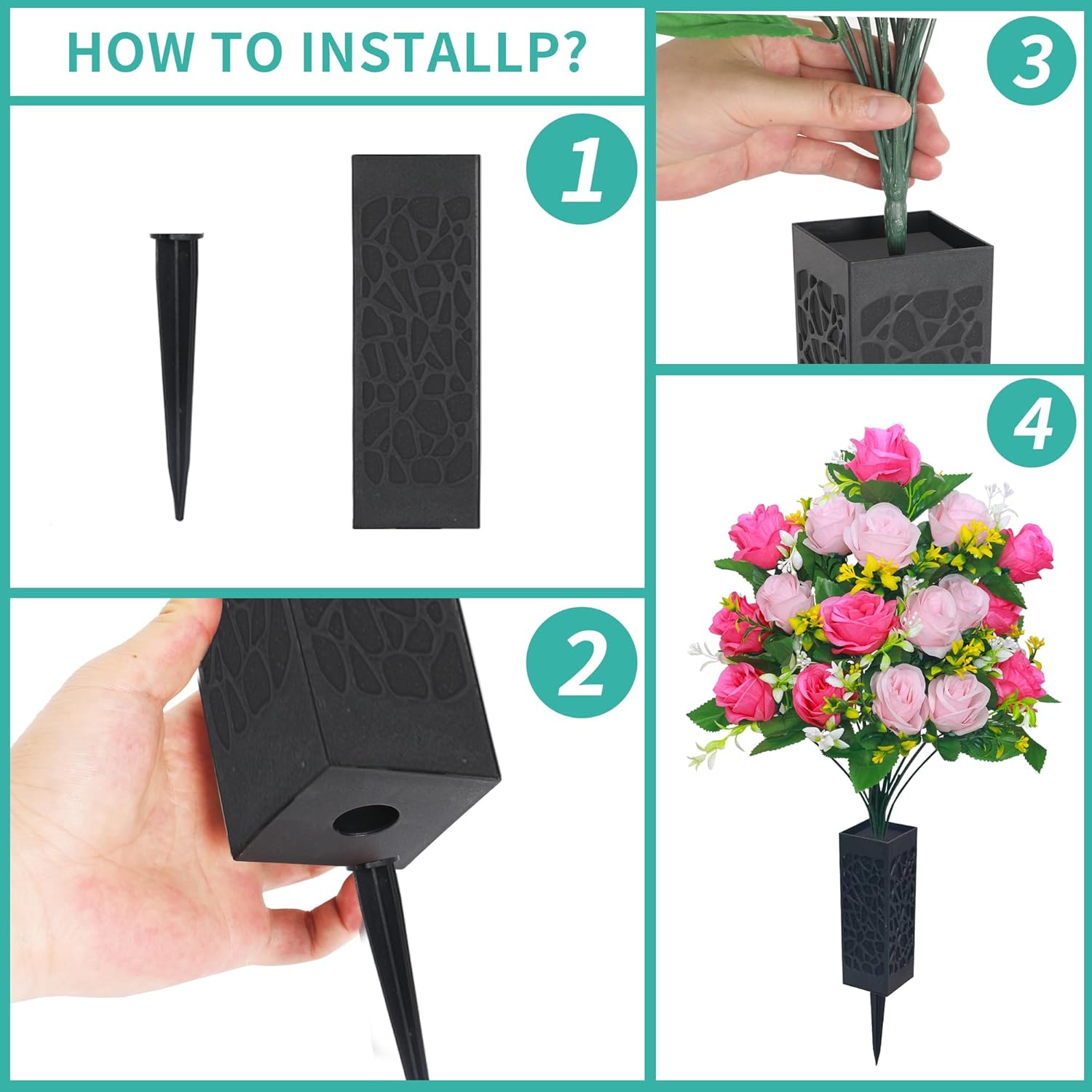 Lodou 4 Sets Artificial Cemetery Flowers, Memorial Flowers Bouquet with Cemetery Vase,Artificial Rose Bouquet Graveyard Memorial Flowers for Graveyard Headstones Decoration (4, Powder Red)