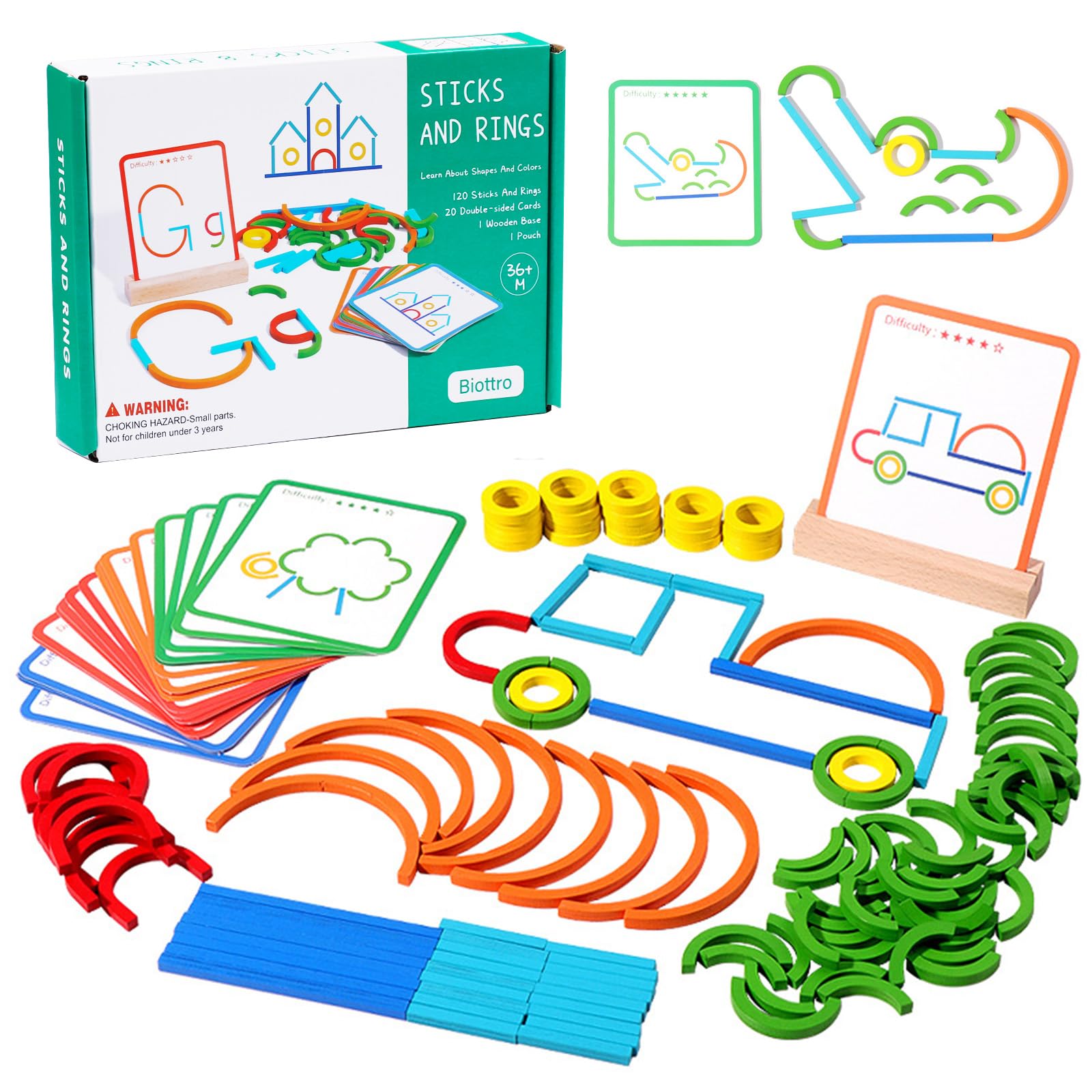 Construction Sticks & Rings Shape Puzzle Letter Construction Set Wooden Pattern Blocks Stem Toy Educational Learning Games Montessori Toys for Boys Girls Toddlers