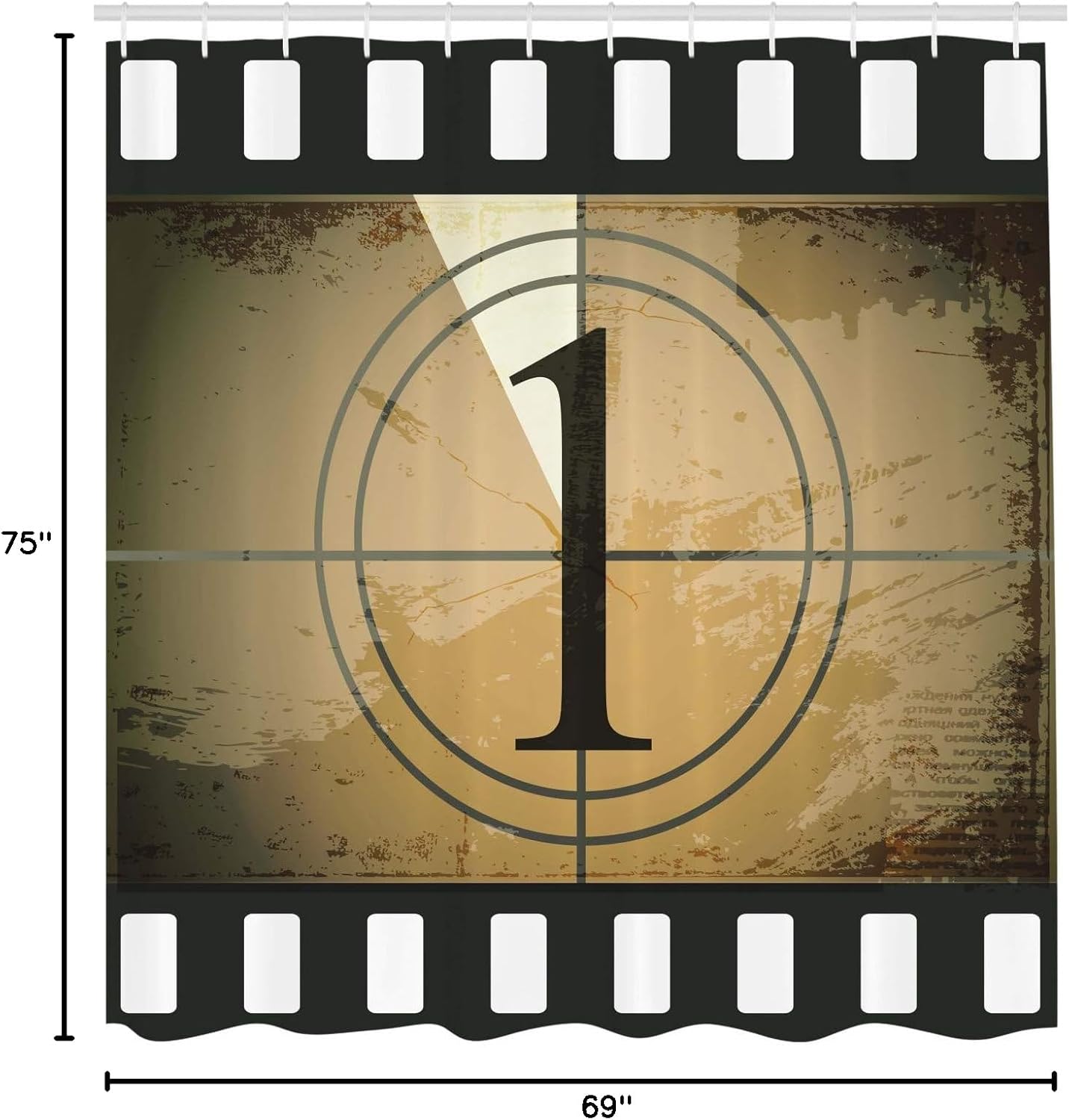 Ambesonne Movie Theater Shower Curtain, Grunge Countdown Frame with Number in a Circle Film Strip, Cloth Fabric Bathroom Decor Set with Hooks, 69" W x 75" L, Black Brown