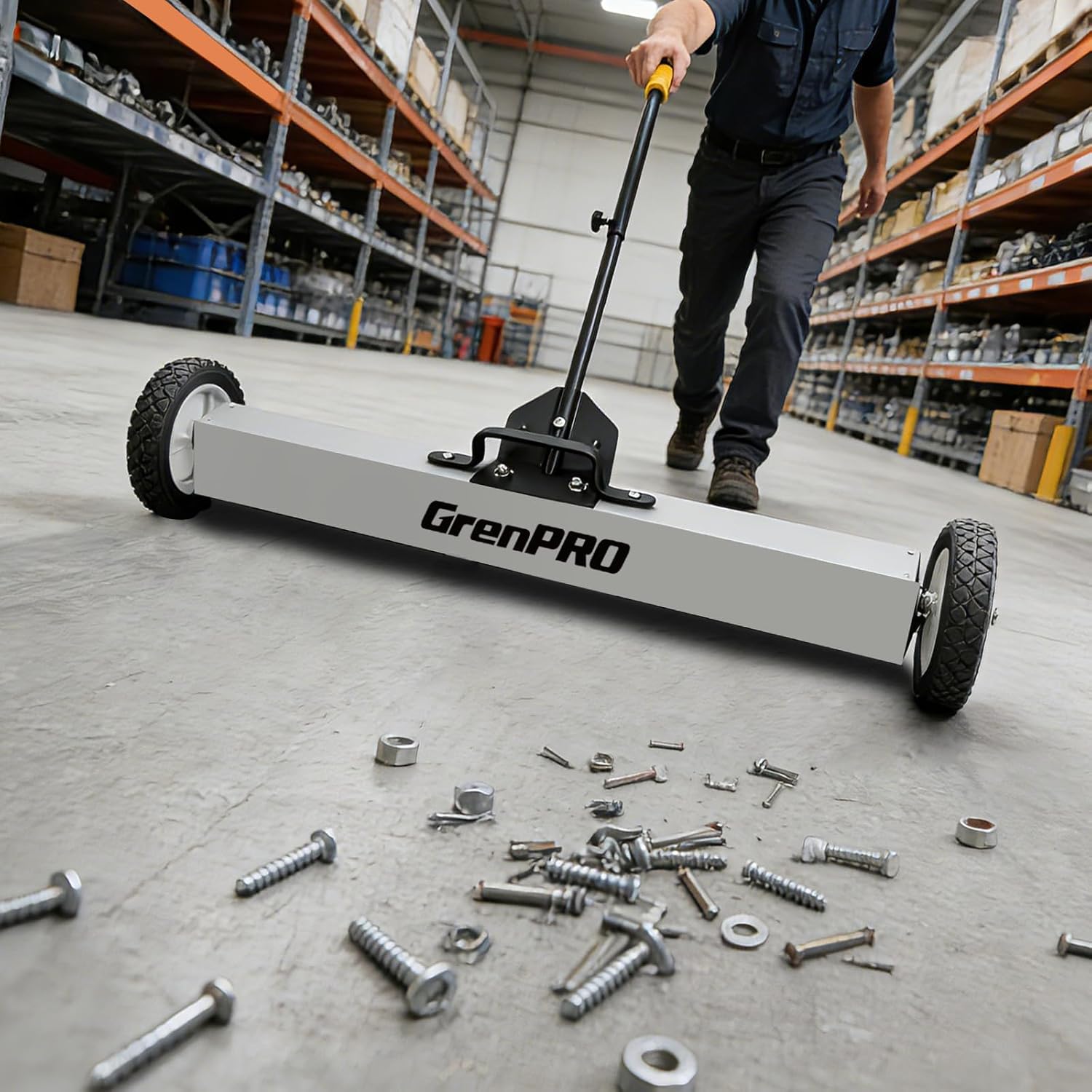 GRENPRO Magnetic Sweeper Rolling 36 Inch, 55-Pound Lawn Magnet for Nails, Magnet Sweeper with Wheels, Floor Push Sweeper with Telescoping Handle, Pick-up Nails Screws Workshop Garage ASIN B0FW4KD65Q