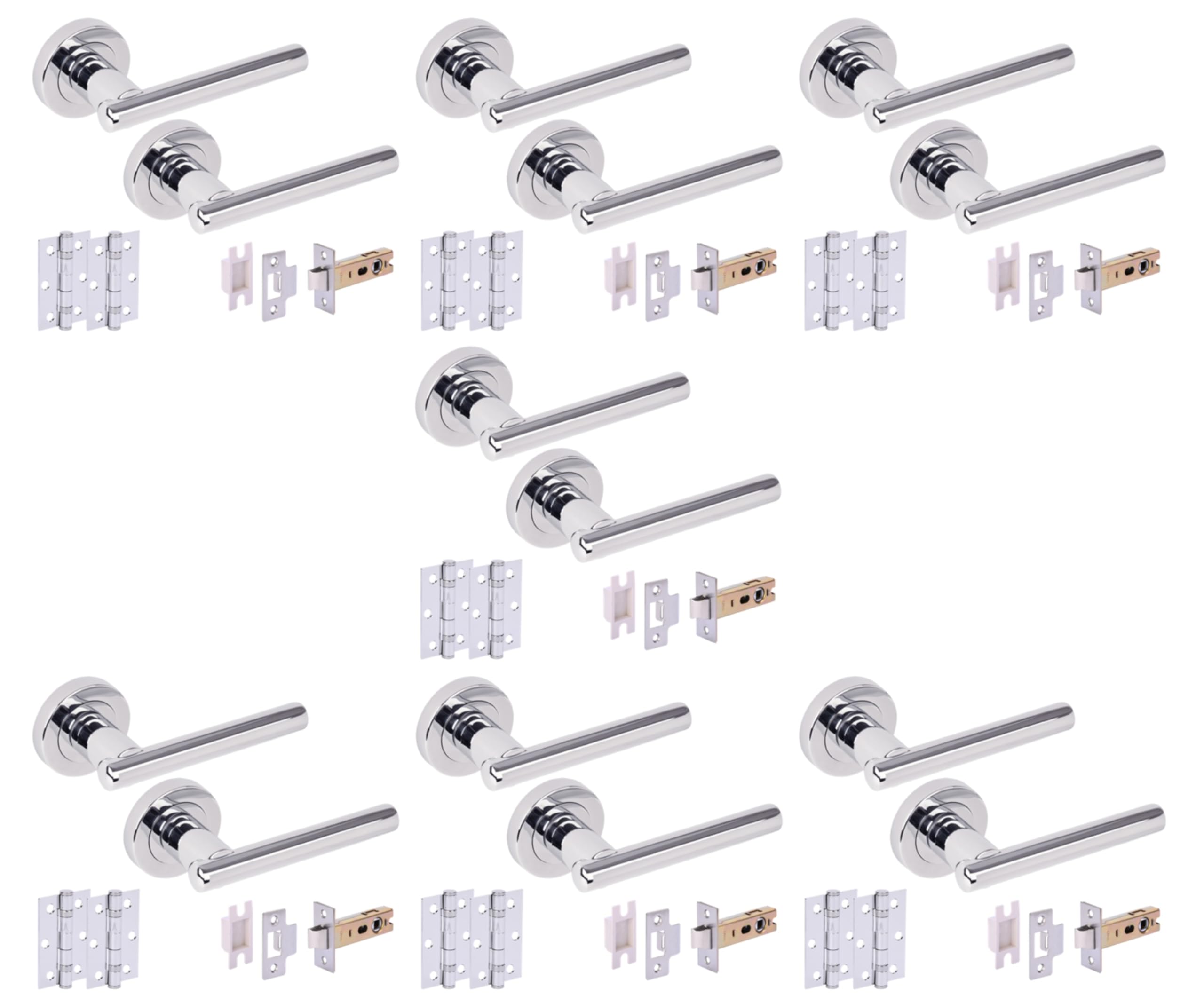 Hunta HANDLEZONE® 7 Sets Solus Internal Door Handles on Rose Lever Latch Packs, 76mm Latch 75mm Ball Bearing Hinges - Polished Chrome