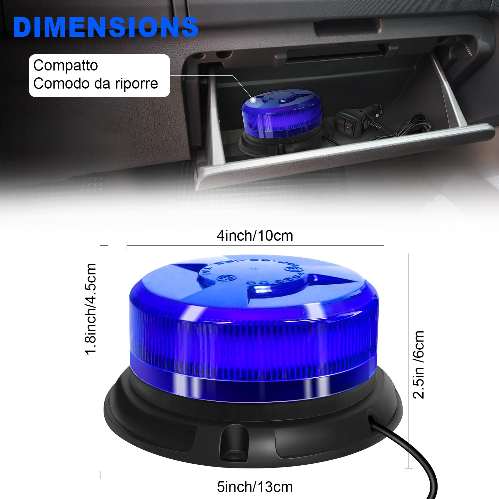 antom lampeggiante blu,12V-24V LED lampeggiante led 9 Modalità Luce LED Stroboscopica Impermeabile con 3m Cavo Alimentazione Base Magnetica Lampeggiante Auto per Camion Trattore