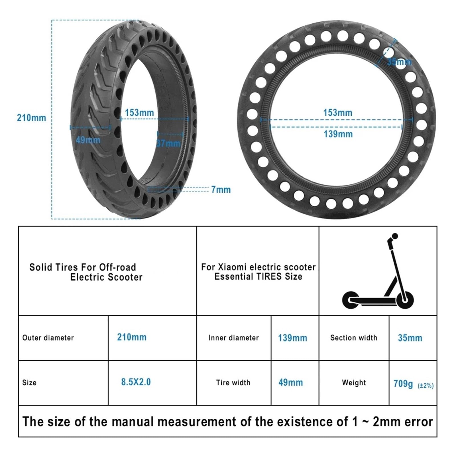 Neumático Sólido For Patinete Eléctrico, Compatible With Xiaomi rueda de scooter de goma maciza(2pcs tires)