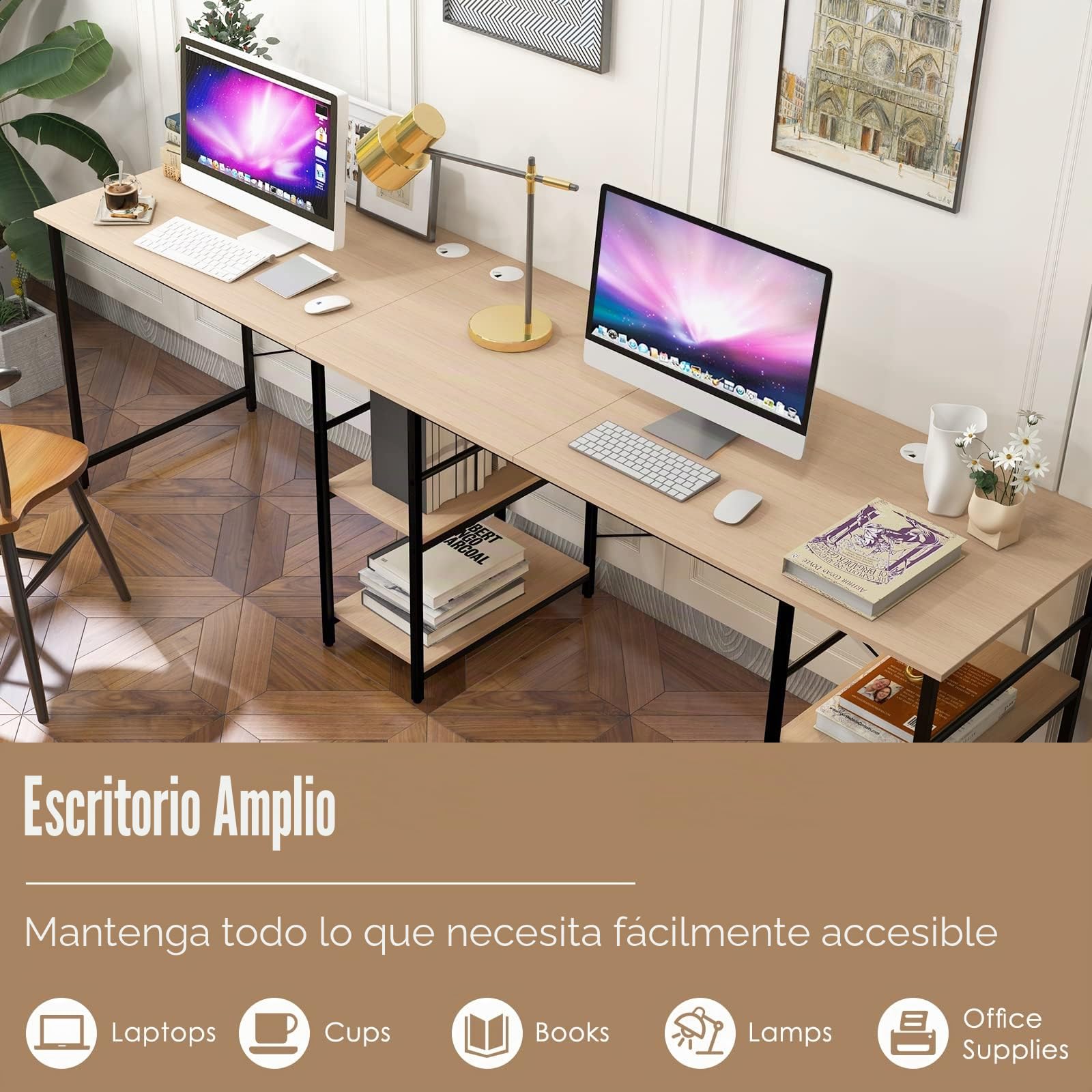 GIANTEX Escritorio Esquinero en Forma de L, Mesa de Computadora Convertible con 4 Estantes y 3 Orificios para Cables, Escritorio de Juegos y Escritura de 2 Personas para Oficina en Casa (Natural)