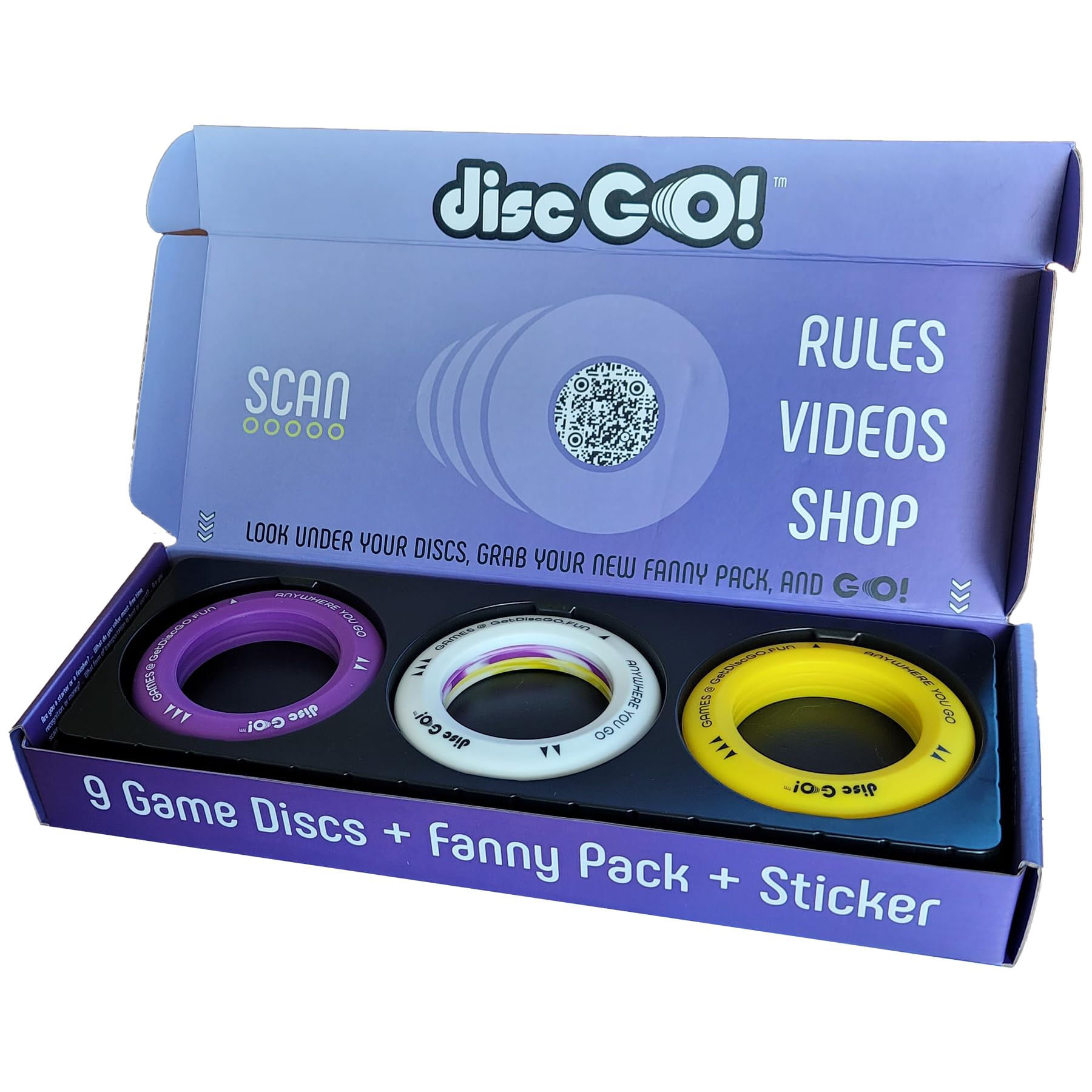 DiscGO!Game Pack (Yellow, White & Purple) - 9 Silicone Disc Portable Game to Play Anyone, Anywhere, Anytime for Community, Conversation and Competetive Fun