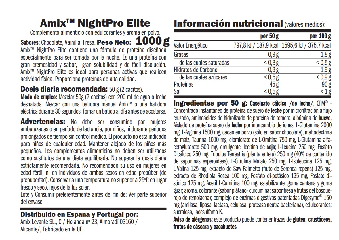 AMIX - Proteína Isolada Night Pro Elite - Gran Aporte de Aminoácidos Ramificados - Suplemento para Ganar Masa Muscular - Ideal para Batidos de Proteínas - Sabor Chocolate -1 KG