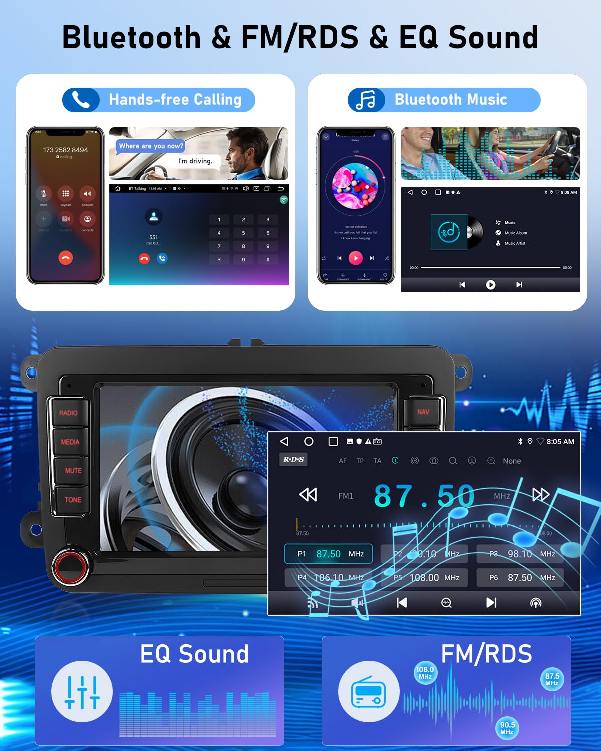 NHOPEEW 7 Zoll 2 + 64G Android Autoradio für VW Passat b6 b7 Golf 5 6 Jetta T5 EOS Polo Touran Seat Sharan - Unterstützung Drahtlos Carplay & Android Auto WiFi GPS FM RDS Mirror Link + Rückfahrkamera