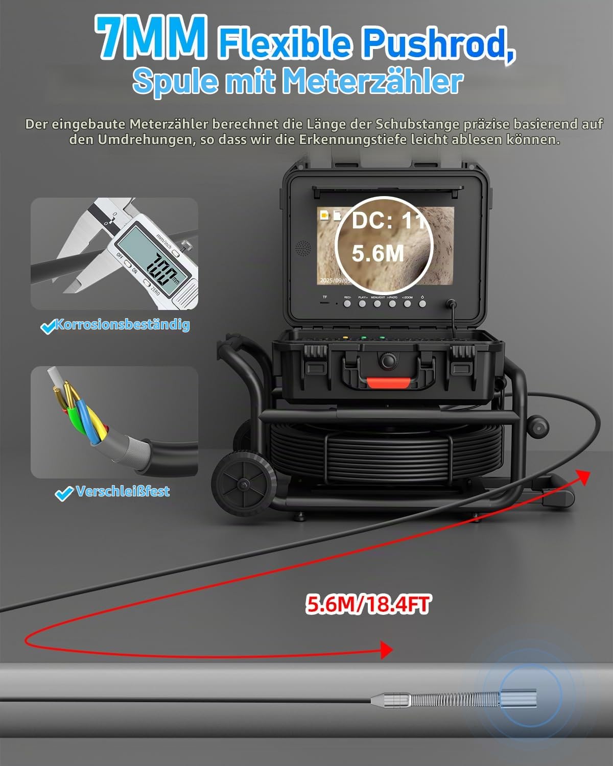 HD Kanalkamera mit Meterzahlangabe, Professionelle Rohrkamera 50m Kabel (7 mm Dickem) mit Selbstnivellierend, 512-Hz-Sender Kamerakopf, Abfluss-Endoskop mit USB-Tastatur und Einziehbarem Griff