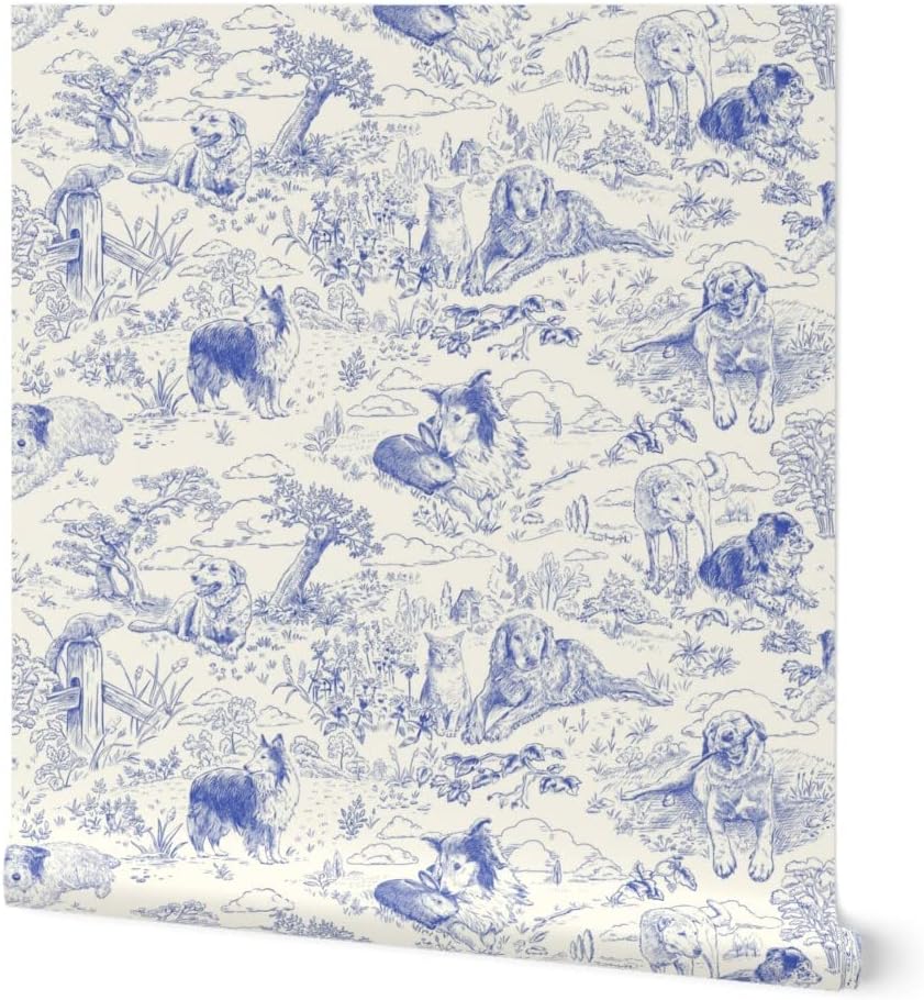 Removable Wallpaper 3ft x 2ft - Country Dogs Toile Blue Clouds Landscape Traditional Custom Pre-Pasted Wallpaper by Spoonflower
