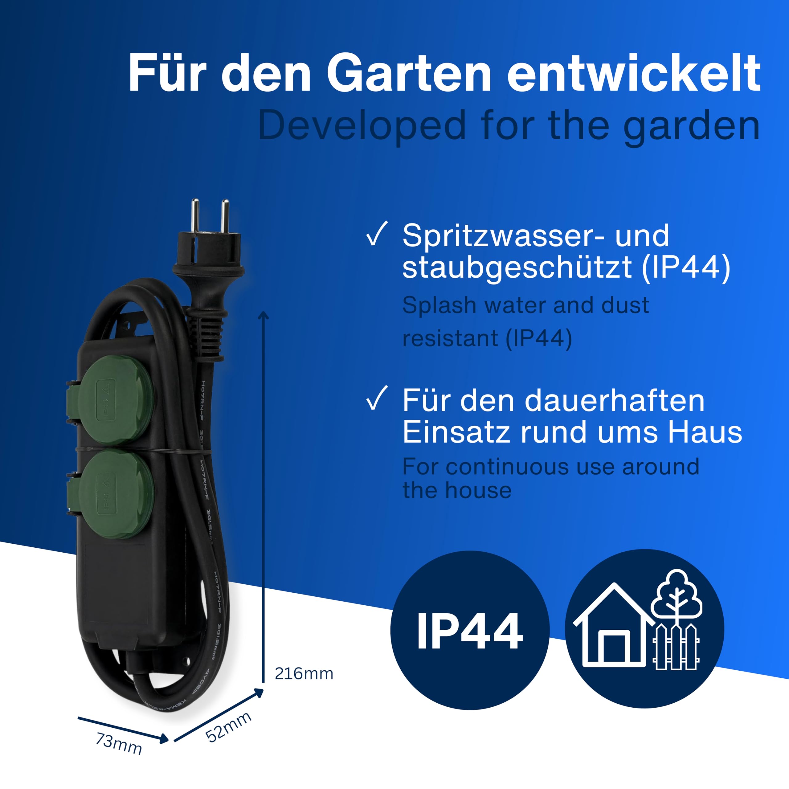 REV Listwa zasilająca z 2 gniazdami, IP44, idealna do ogrodu i na taras, kabel 1,4 m, maks. 3680 W, czarno-zielona