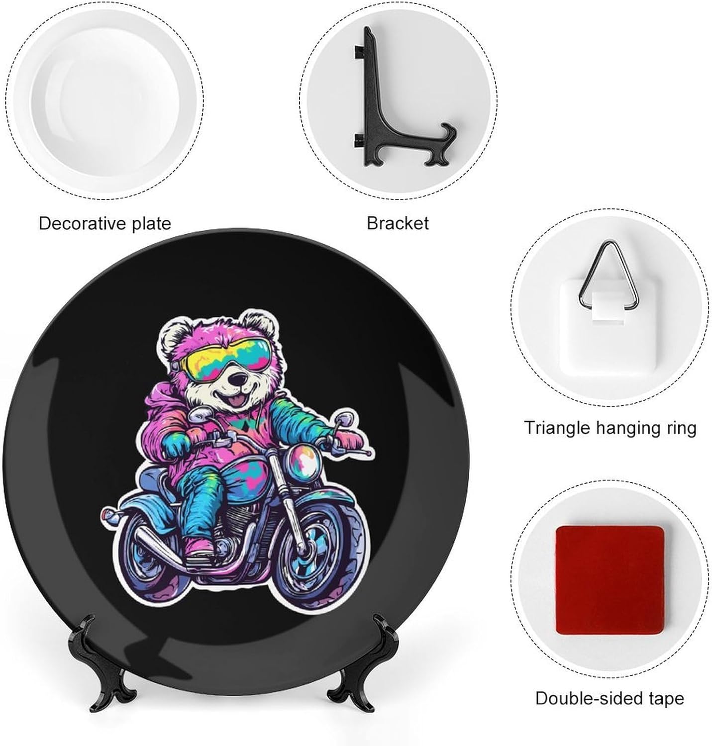 Bear on Motorcycle Bone China Decorative Plate with Stand Home Dessert Plates Gift for Men Women 6inch