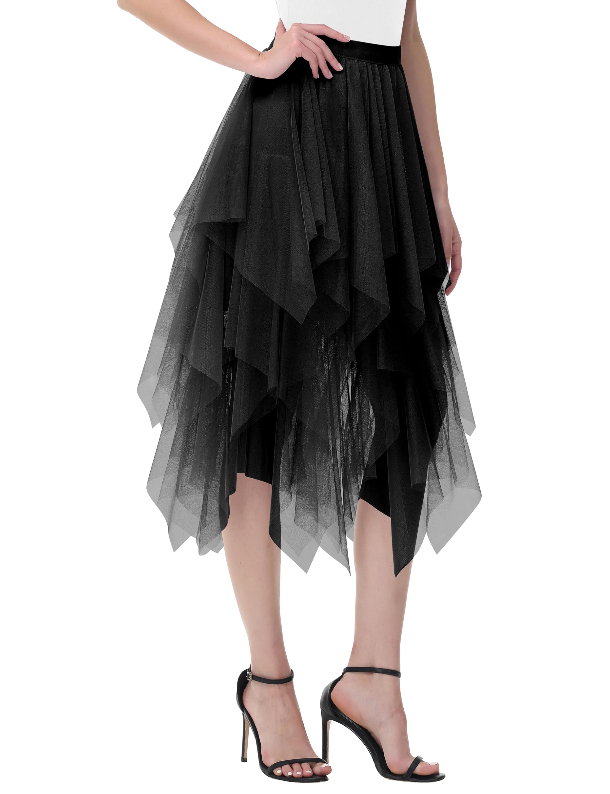 Damen Tüll Röcke High Low Layered Faltenrock Midi Rock Asymmetrisch Karnevalsrock Elegant Weich Knielang Puffy Fee Röcke