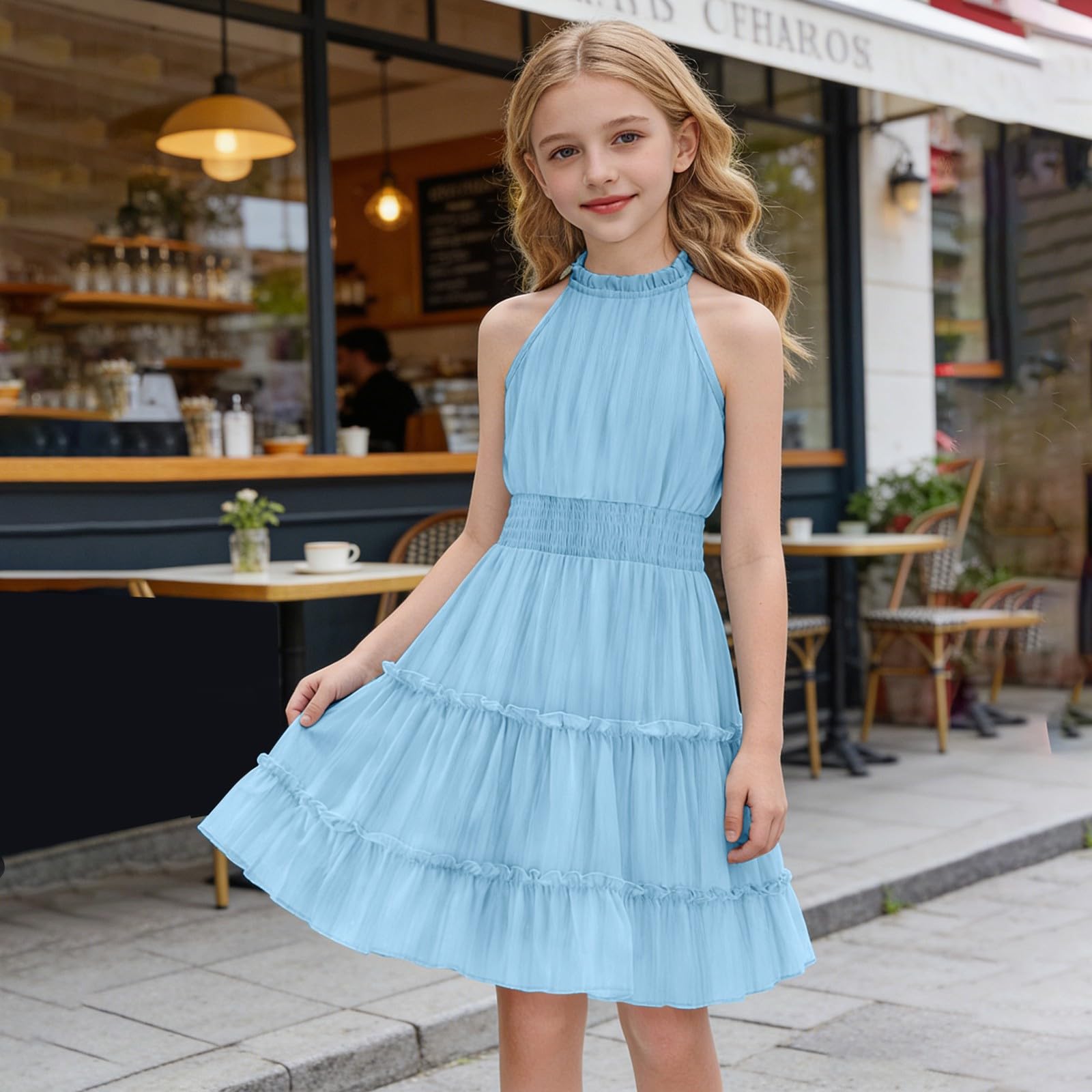 Vestido de verano para niñas, con hombros descubiertos, casual, con vuelo, acampanado, sin mangas, con volantes, vestido festivo
