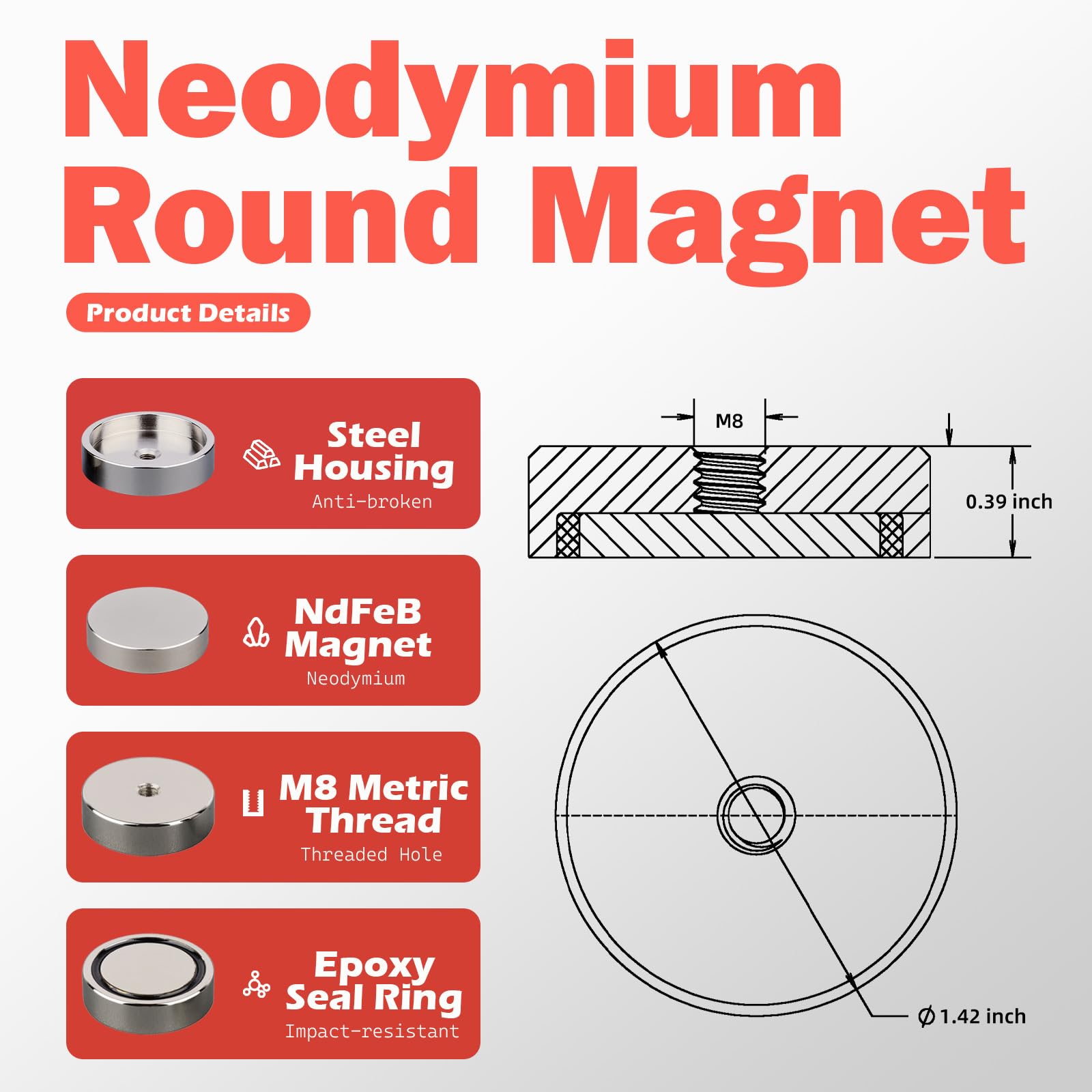 ULIBERMAGNET 120lb 4Pack Strong Neodymium Round Magnet with M8 Female Thread, Powerful Magnetic Removable Mounting for Lighting,Tools, Equipment with Bolt — Amazon image 2