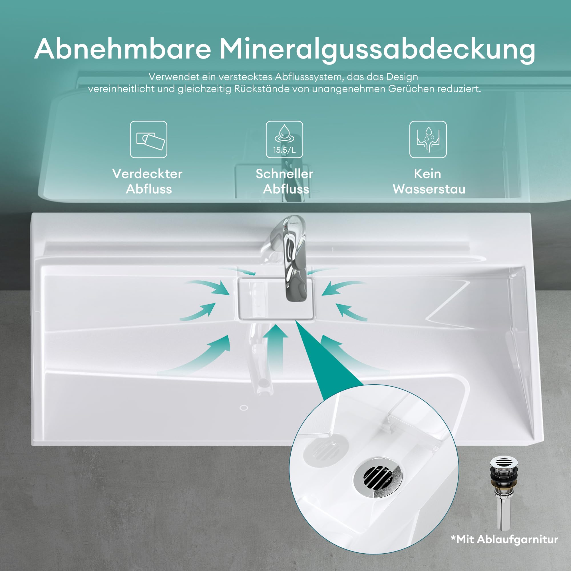 Mai & Mai Waschbecken Weiß Aufsatzwaschbecken Hängewaschbecken Hängewaschtisch inkl. Ablaufgarnitur Mineralguss Rechteckig Waschplatz 1 Armaturenloch Breite: 60cm