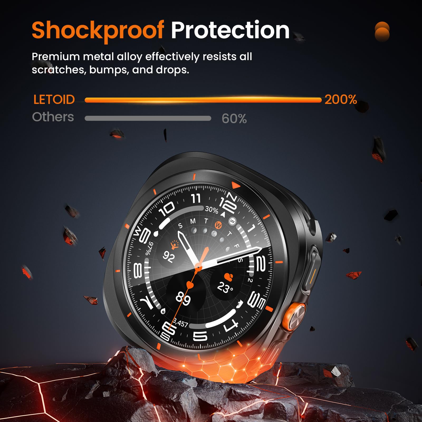 LETOID Coque 3 en 1 en métal pour Samsung Galaxy Watch Ultra/Ultra 2 47 mm, protection d'écran en acier inoxydable, coque arrière rigide en polycarbonate et film en verre trempé 9H pour 7 Ultra & 8