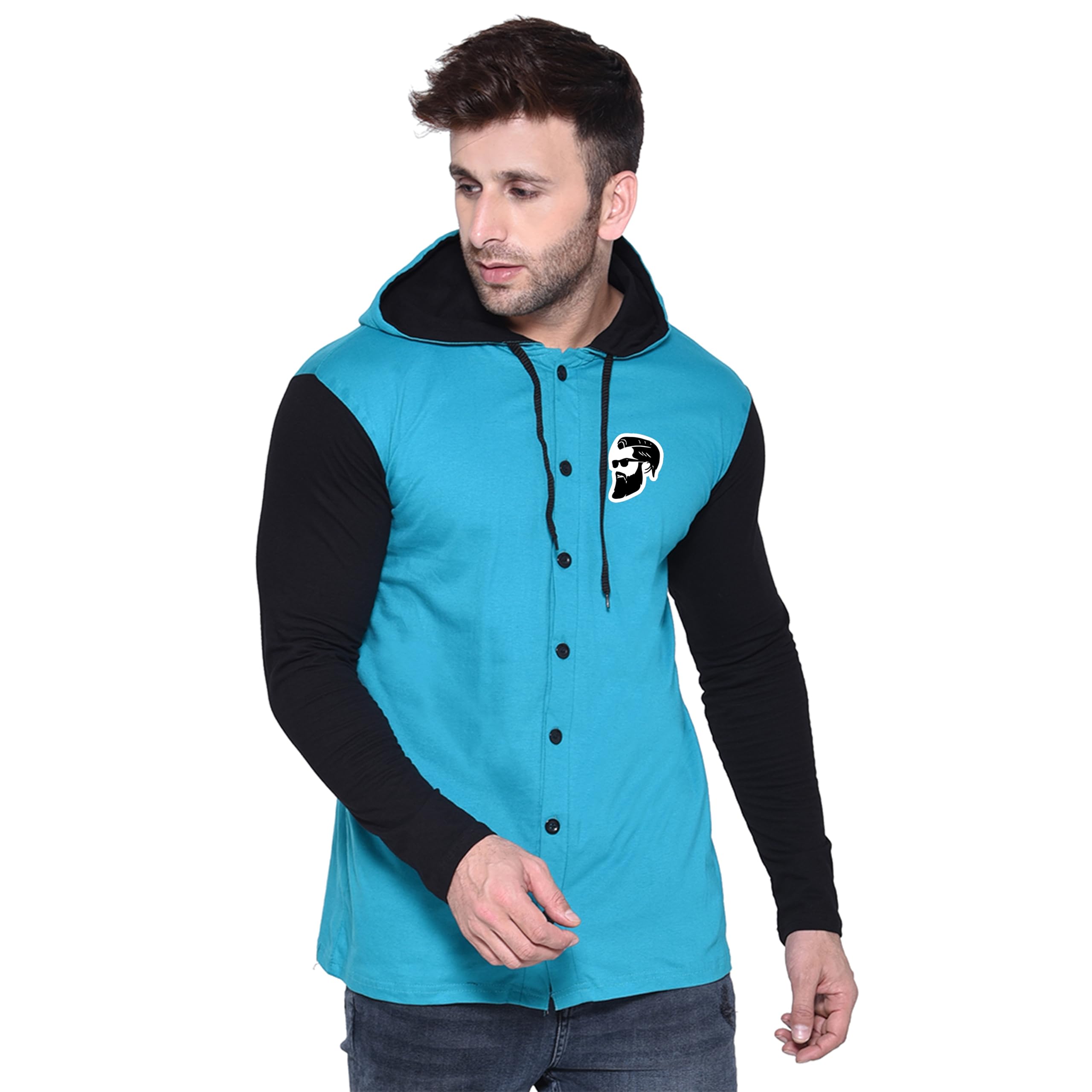 blisstone Men's Solid Hooded T-Shirt with Full Sleeves & Front Button Closure | Casual Cotton Blend Slim Fit Shirt-picture-10