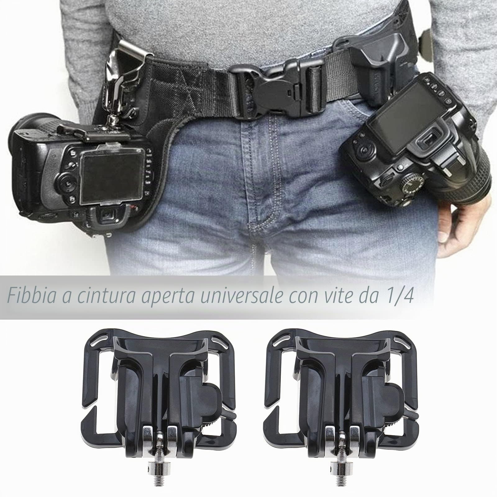 2pcs metallo fotocamera cintura cintura supporto fotocamera clip da cintura caricamento rapido per fotocamera DSLR filettatura 1/4 pollici 110x85mm capacità portante 20 kg nero