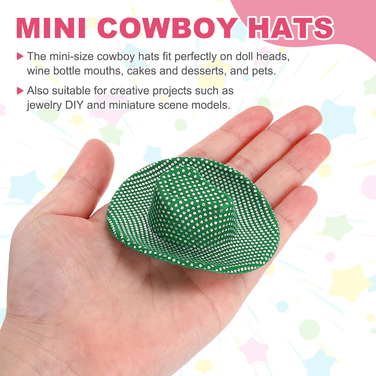PATIKIL Mini Cowboy Hats, 8 Pcs Miniature Western Cowboy Hat for Crafts Party Decoration, Doll Pet Dress Up, Glitter Dot Style, Green - Image 3