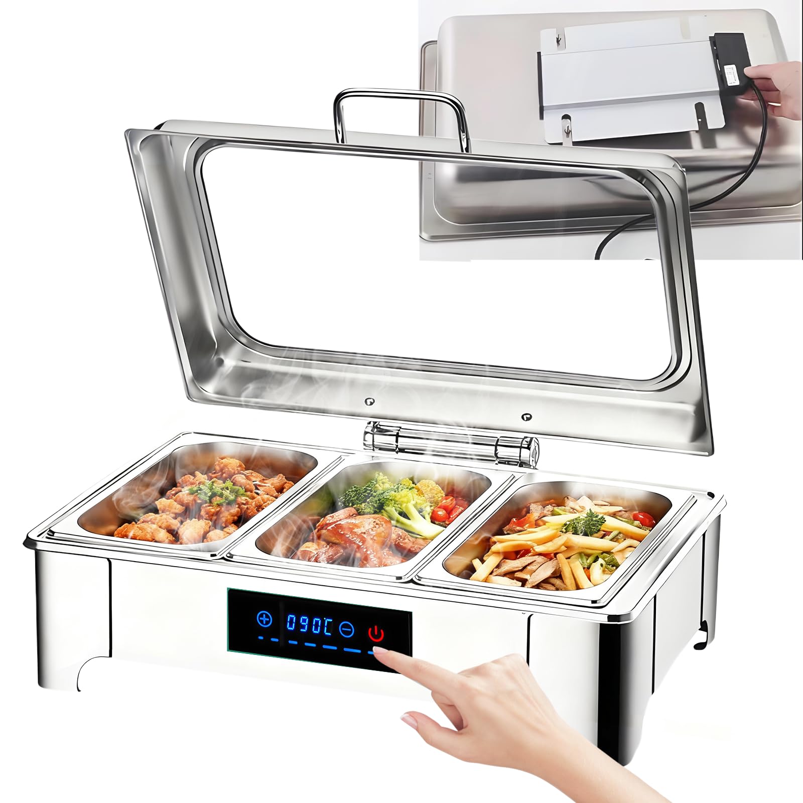 Chafing Dish Elektrisch Glasdeckel 9L, Edelstahl(1/3 Pan)