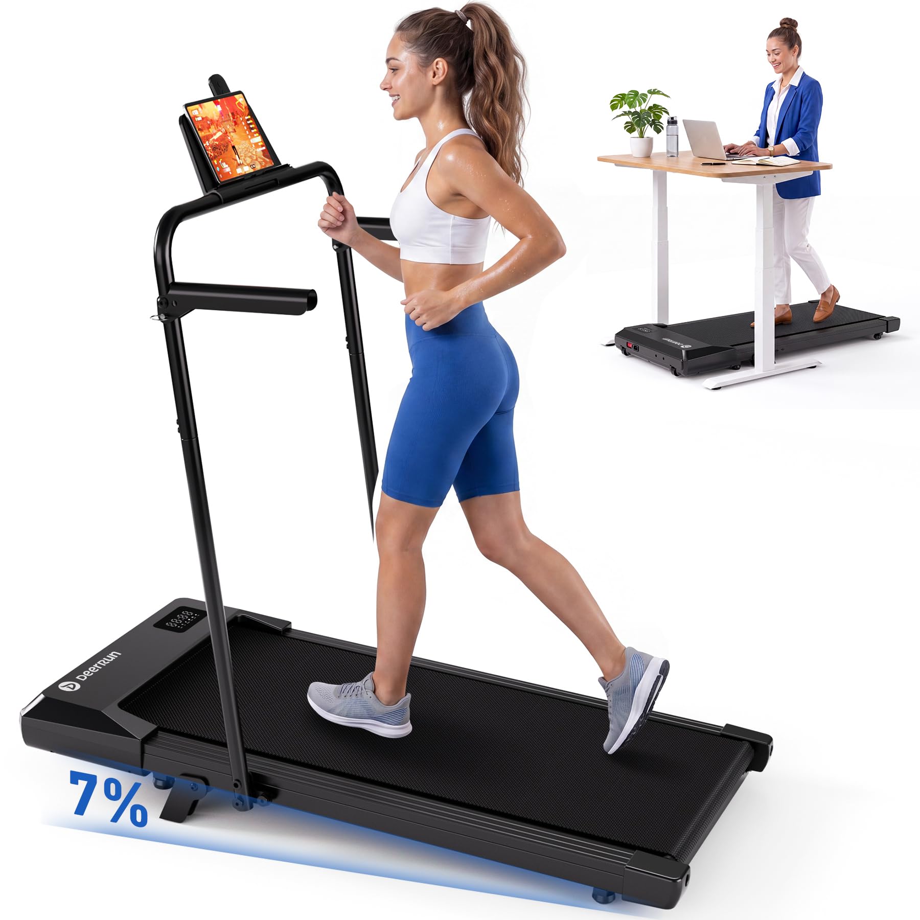 DeerRun Walking Pad with Incline, Under Desk Treadmill for Home Office, 2.5HP Walking Treadmill with App, 136KG Capacity, Remote Control & LED Display
