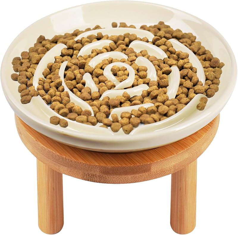 Comedouro lento elevado para gatos em cerâmica com suporte de bambu, 15 cm, Lfpkixise