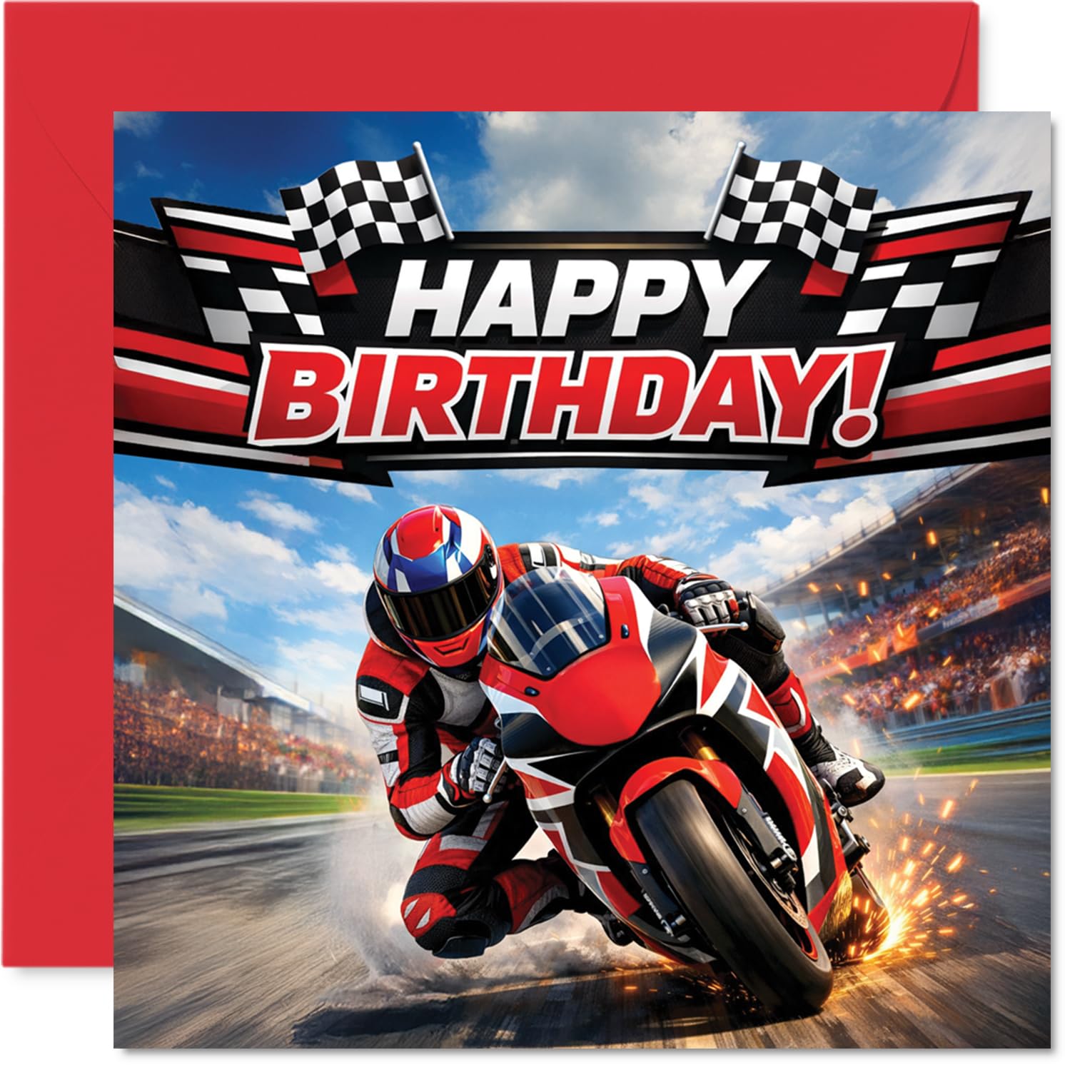 Playful Birthday Card - Full Throttle Birthday Vibes - Dynamic Red and Black Motorcycle Racing Scene - Perfect for Anyone Who Loves Speed - 145mm Square, Envelope Included