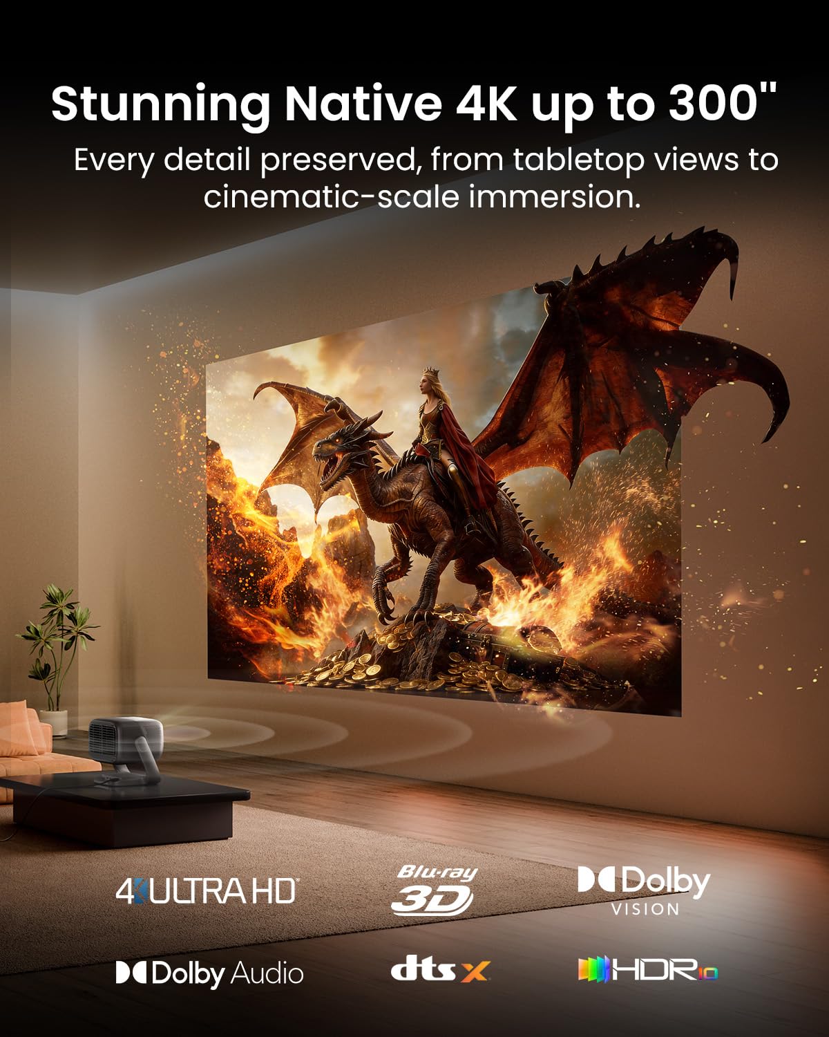 JMGO N3 Ultimate Projektor 4K Triple Laser, 5800 lumenów ISO, Google TV z Netflix, Lens Shift, zoom optyczny, zmotoryzowany gimbal AI, Dolby Vision, 300″, kontrast 20000:1, gaming 1ms, VRR, ALLM