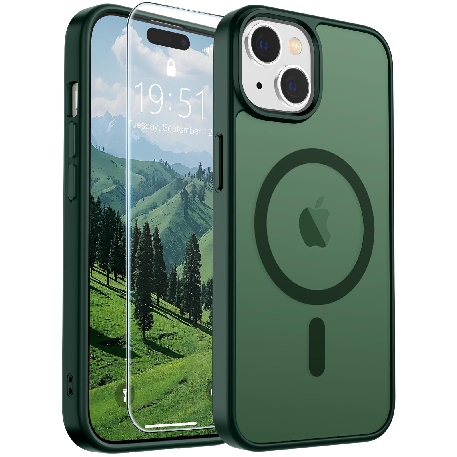 SUPFINE Magnetic for iPhone 15 Case Forest Green | With Screen Protector, Translucent Matte, Compatible with MagSafe, Military Grade Drop Proof, Rugged Shockproof Protective