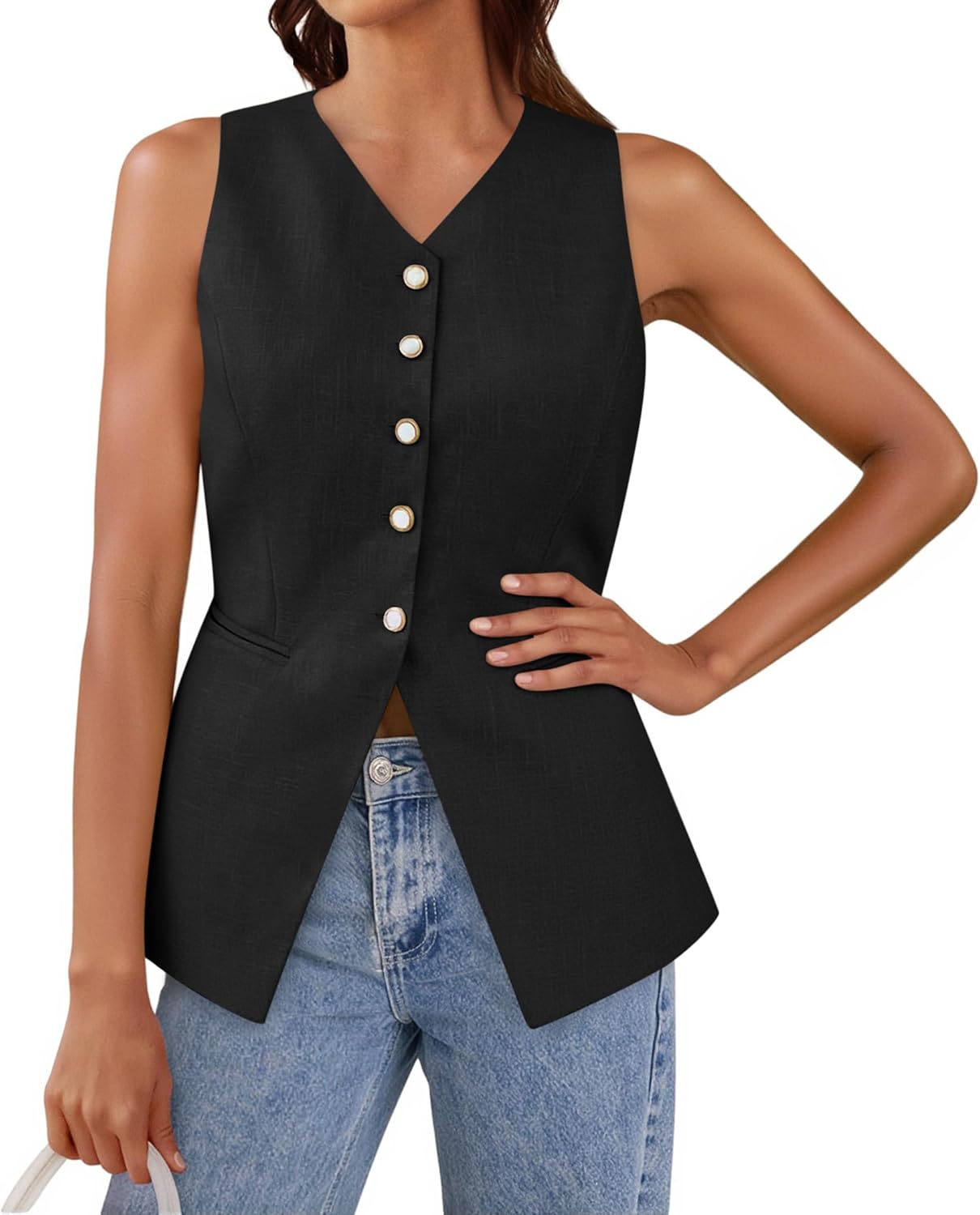 Tankaneo Womens Summer Suit Vest Tops Fashion Casual Sleeveless Blazers Split Hem Button Down Linen Work Waistcoat