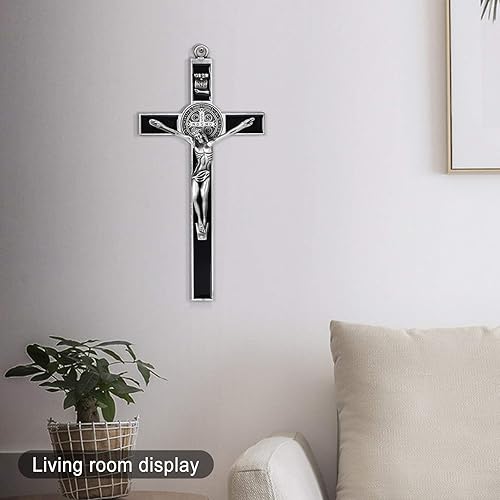 Miniatura 5 de Wellcho Crucifijo de pared esmaltado negro - Arte de pared de metal de San Benito, cruz de 7 pulgadas para dar bendición y lo sagrado espiritual: