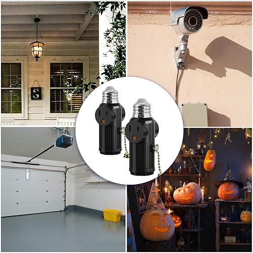 Miniatura 5 de Adaptador de enchufe de luz de 3 clavijas a enchufe con cadena de tracción, adaptador de toma de corriente de luz E26, adaptador de enchufe de