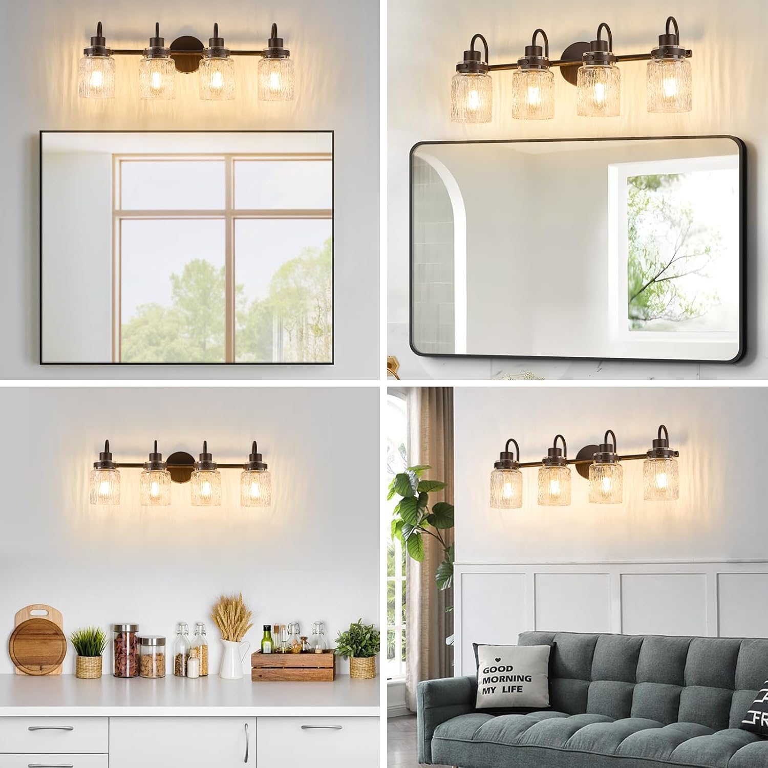 4 Lights Bathroom Vanity Light, Oil Rubbed Bronze Bathroom Light Fixtures with Hammered Glass Lampshade for Dressing Table,Over Mirror,Hallway
