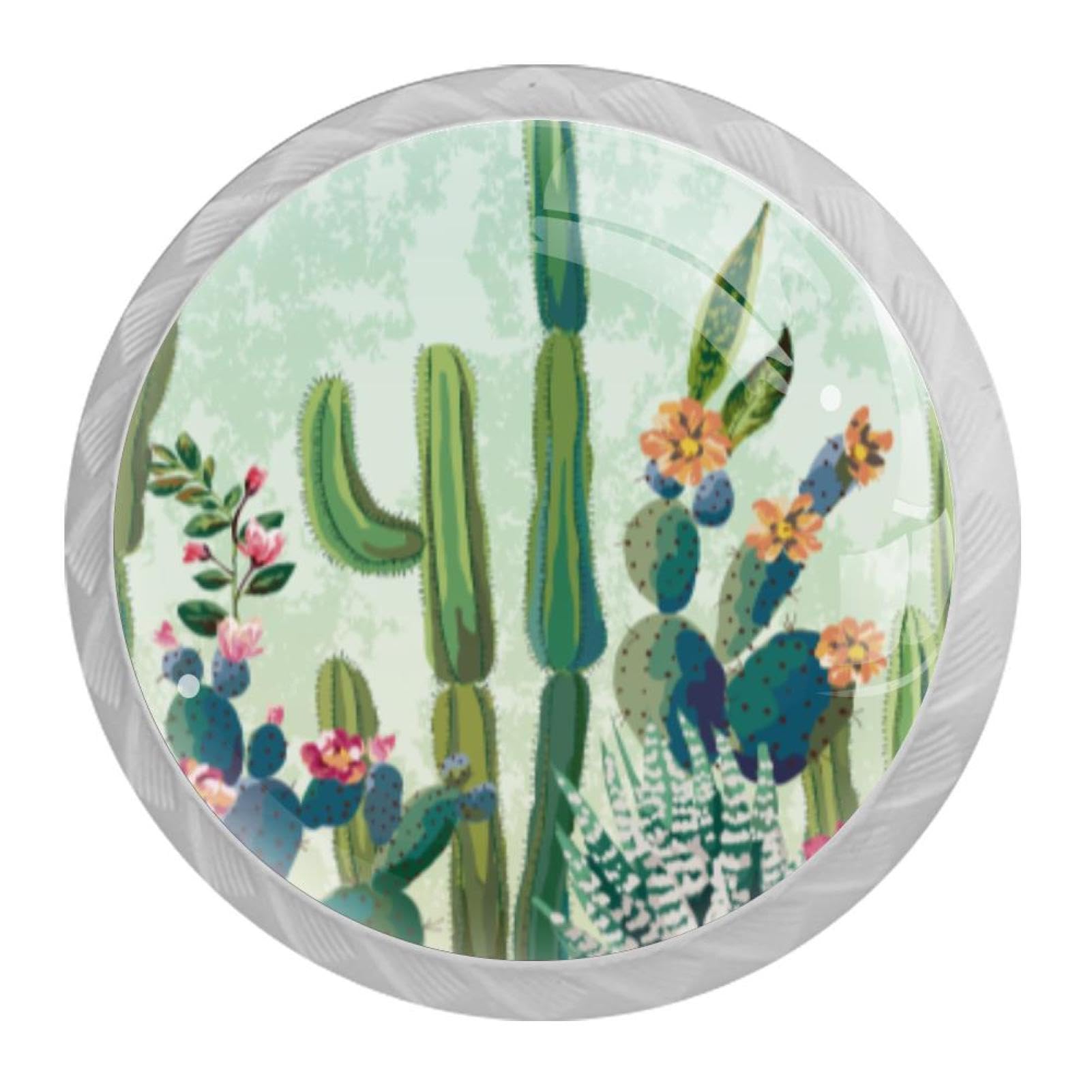 Tqmspg 4 Pieces Drawer Pulls Watercolor Cactus Door Knobs Dresser Handles for Kitchen Wardrobe Cupboard Hardware Furniture